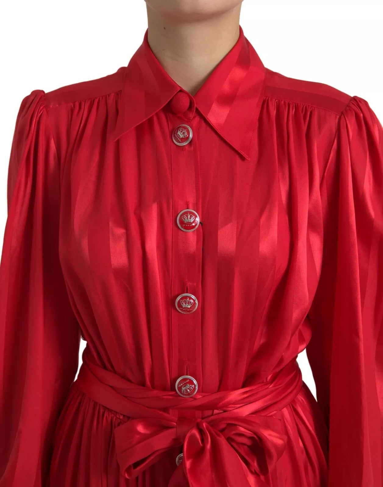 Red Button Down Belted Midi Satin Silk Dress