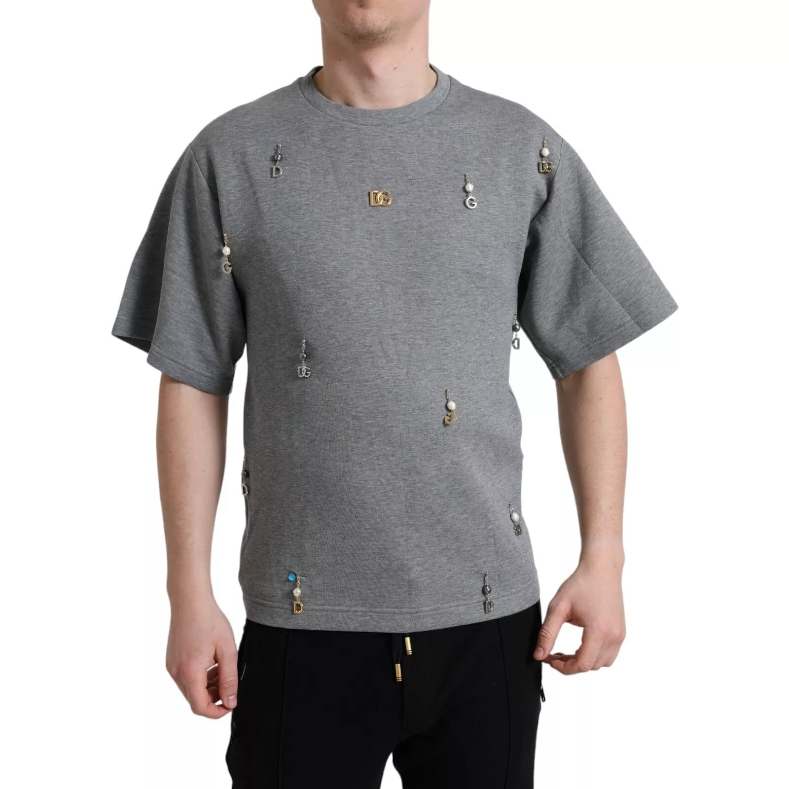 Gray Cotton Embellished Crew Neck T-shirt
