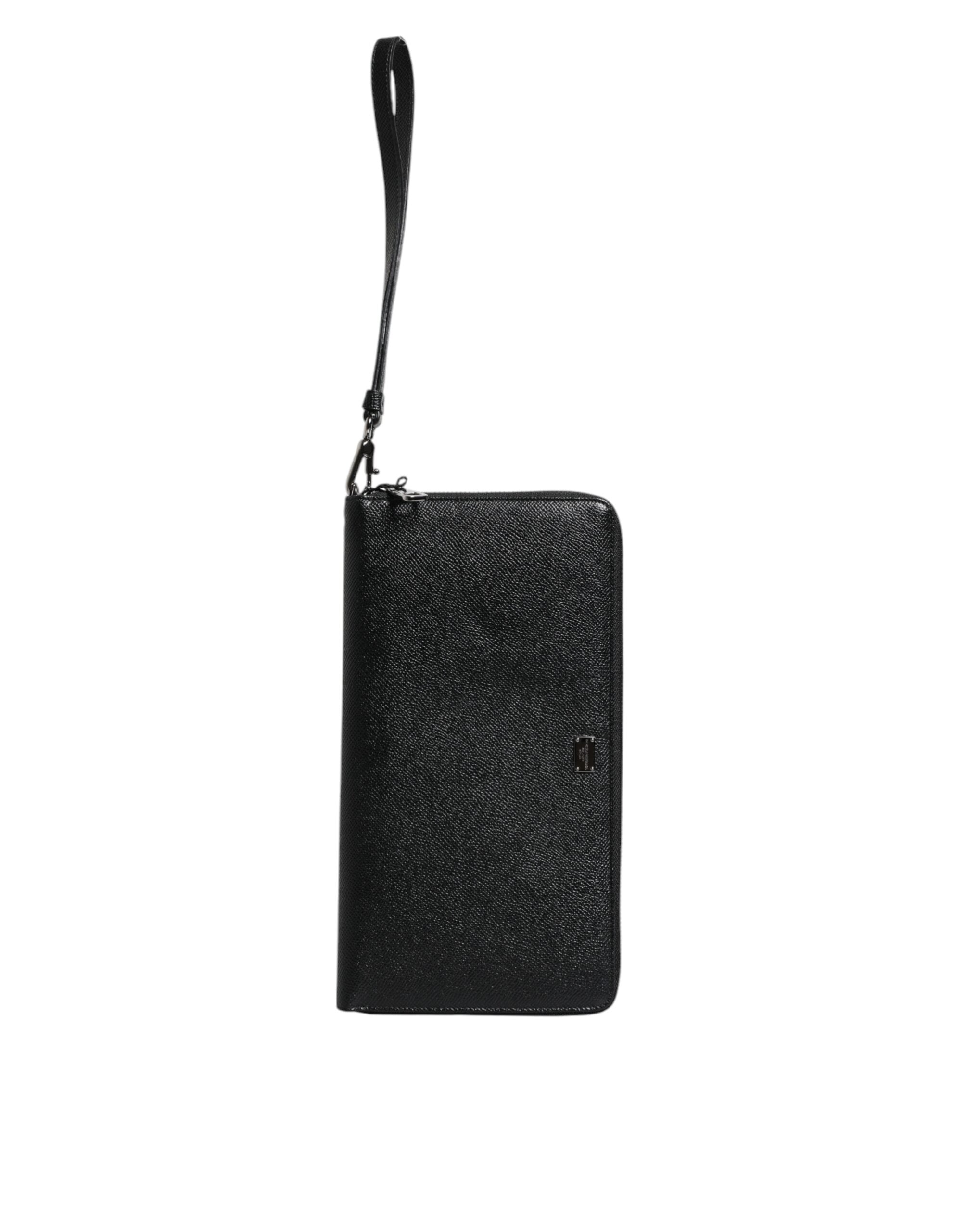 Black Calfskin Leather Logo Zip Around Continental Wallet