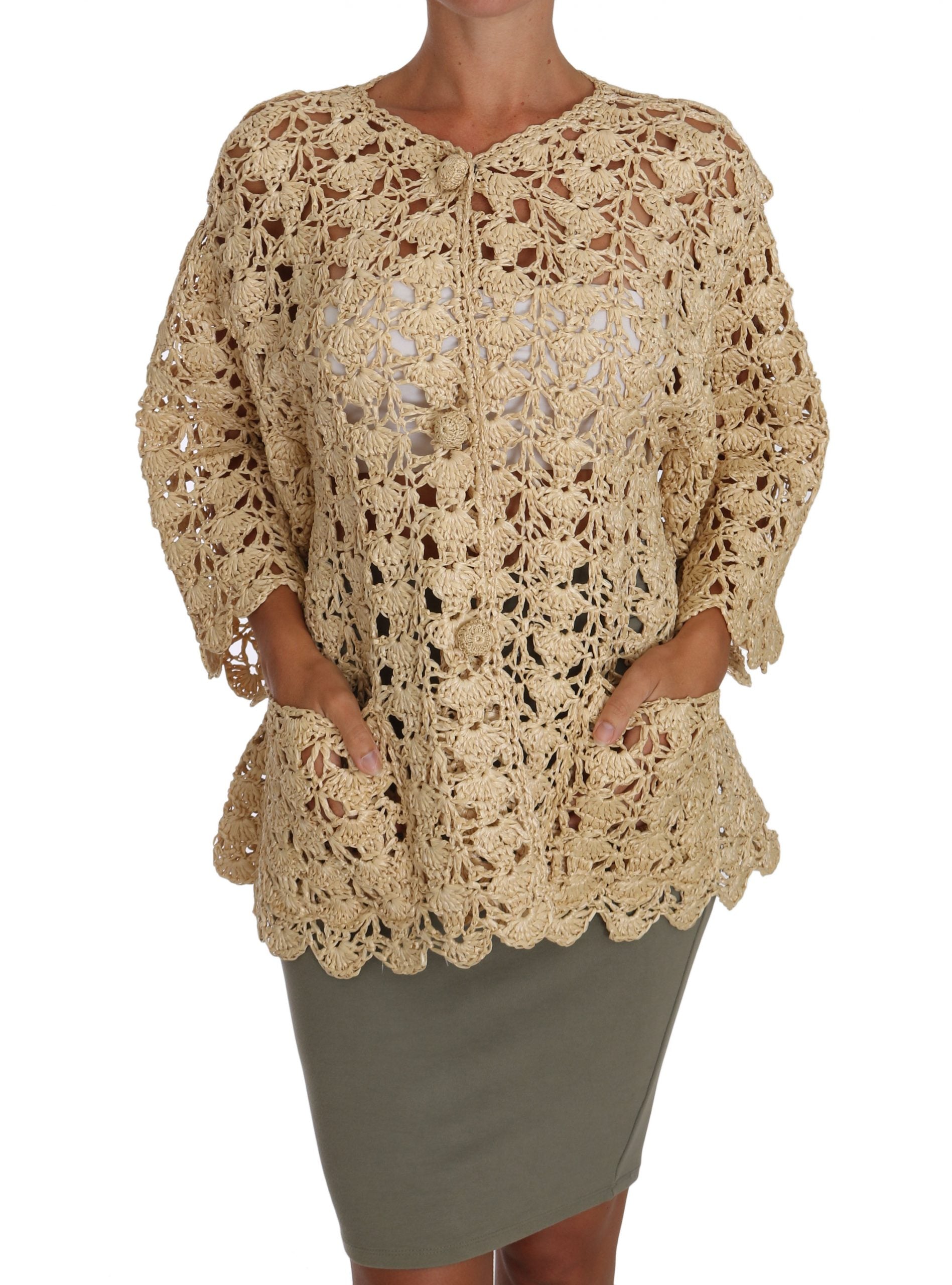 Beige Cardigan Crochet Knitted Raffia Sweater