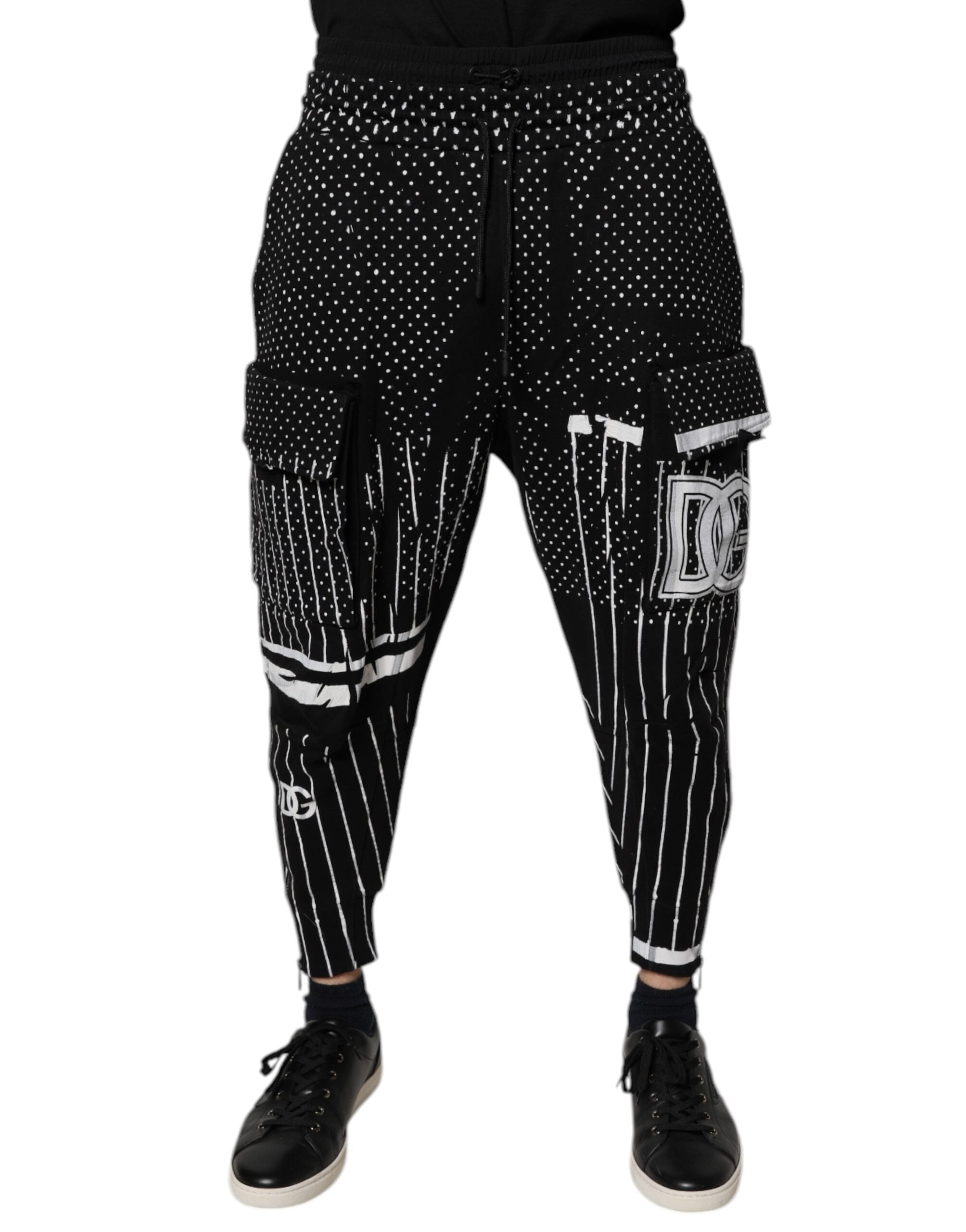 Black Polka Dot Stripes Cargo Jogger Sweatpants Pants