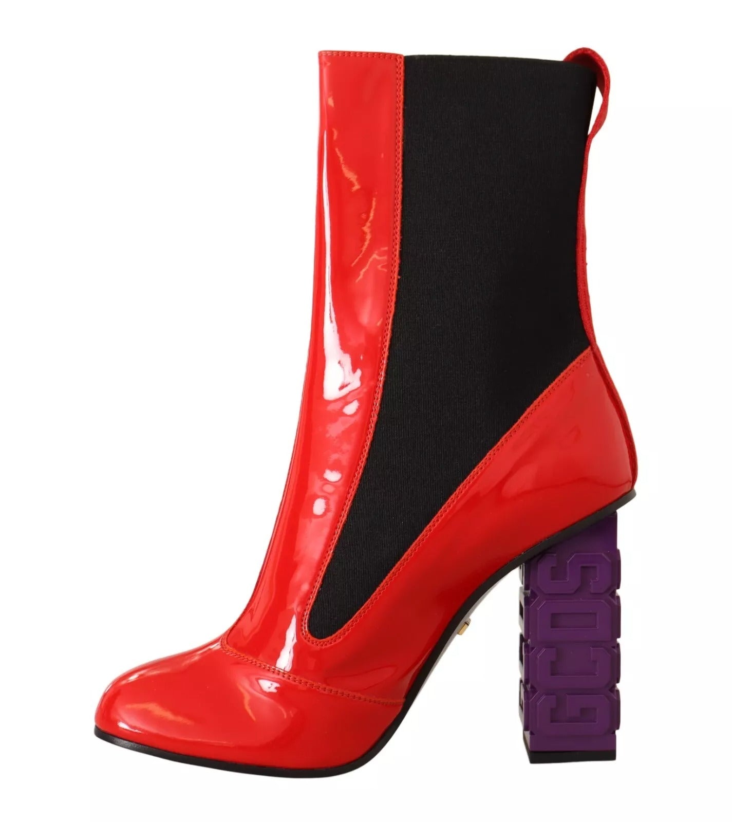 Red Leather Black Fabric Logo Heel Ankle Boots Shoes