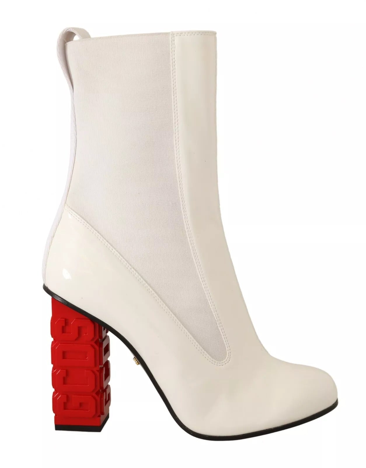 White Leather Fabric Red Logo Heel Ankle Boots Shoes