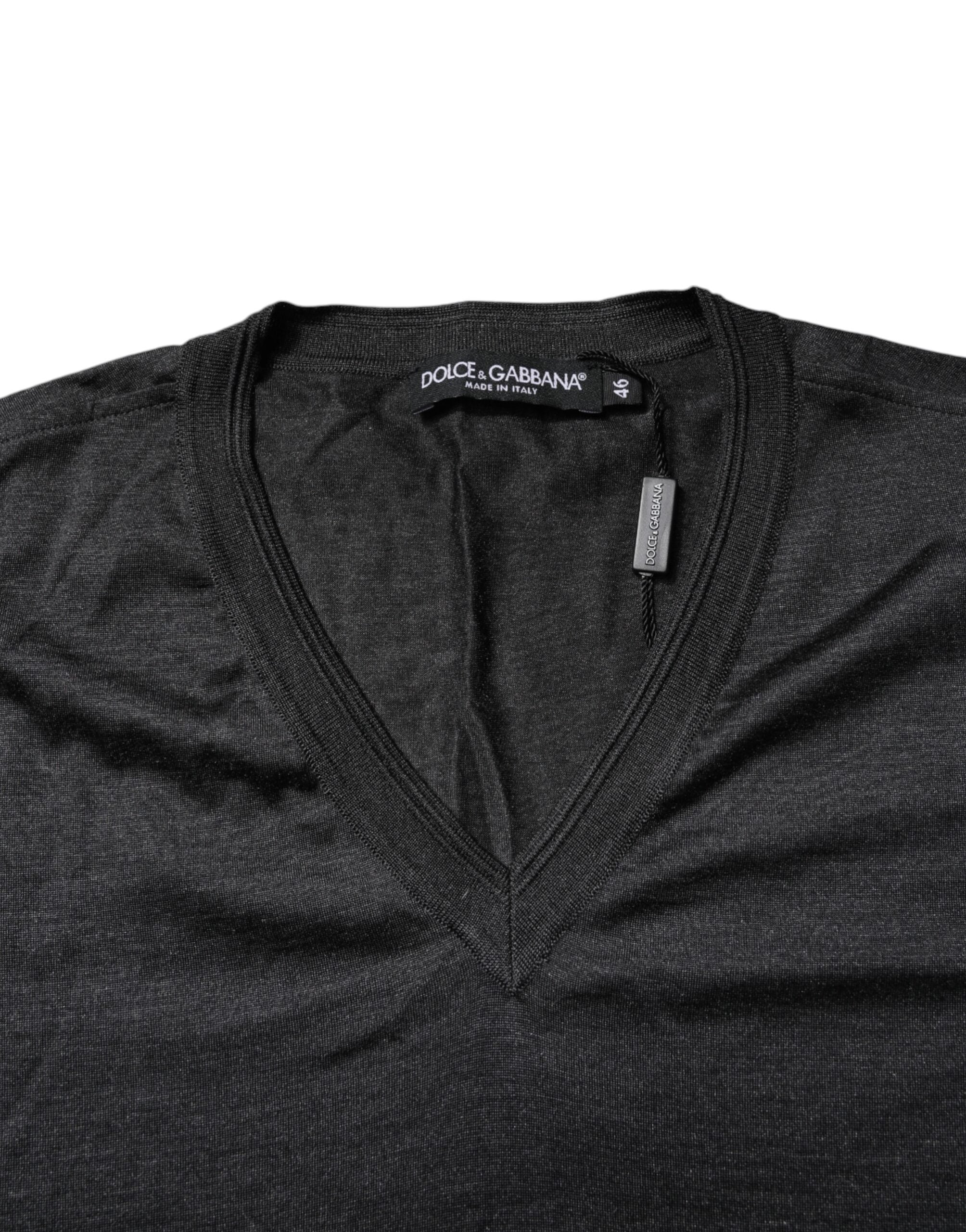 Dark Gray Silk V-neck Short Sleeves T-shirt