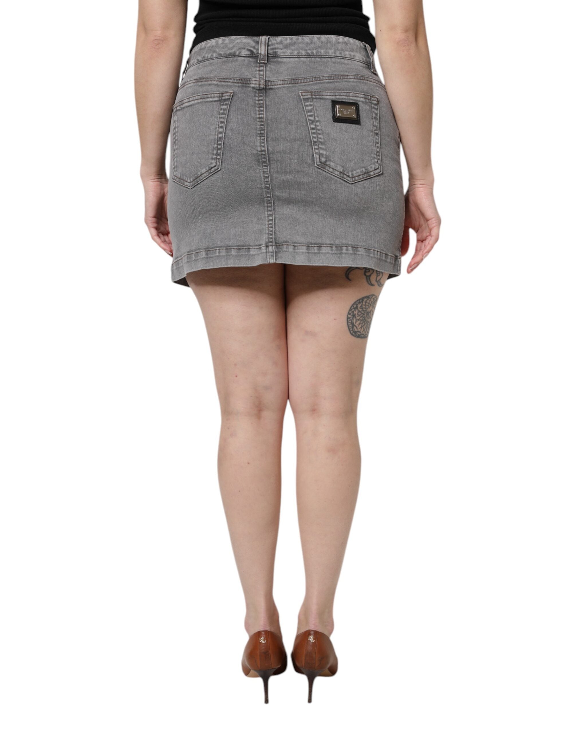Gray Cotton Stretch Mid Waist Denim Mini Skirt