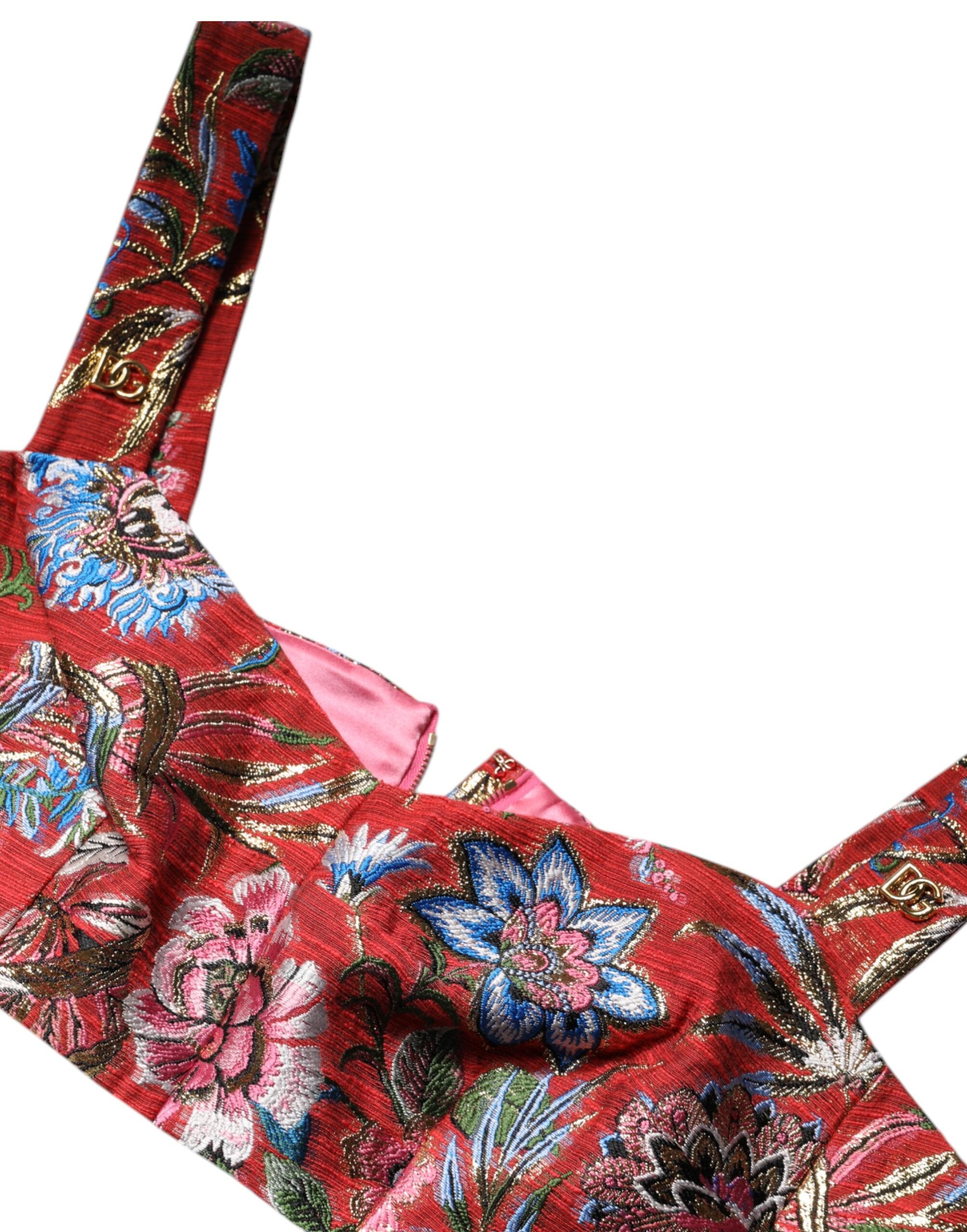 Red Floral Brocade Cropped Bustier Corset Top