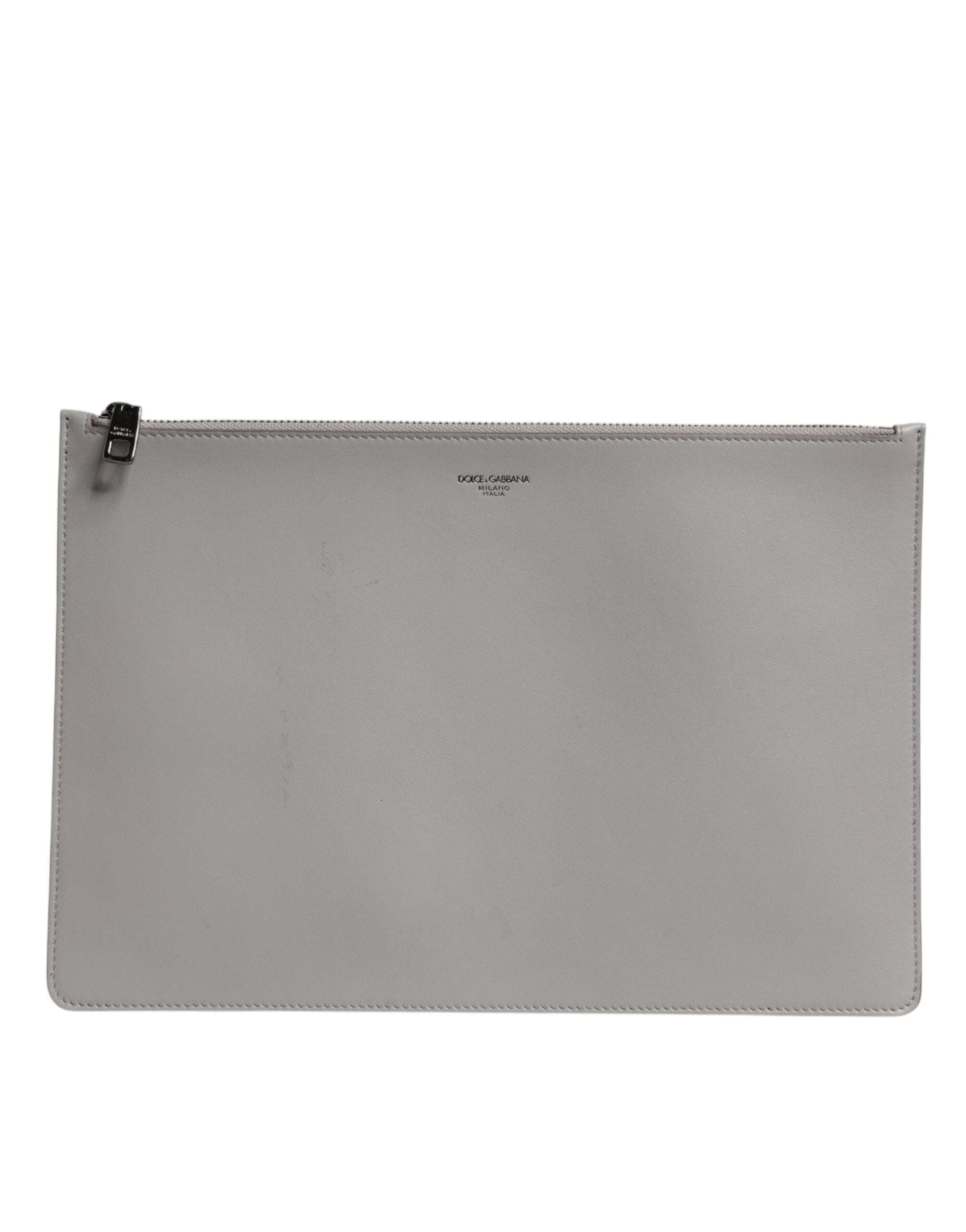 Gray Solid Leather DG Logo Men Clutch Zip Pouch Bag