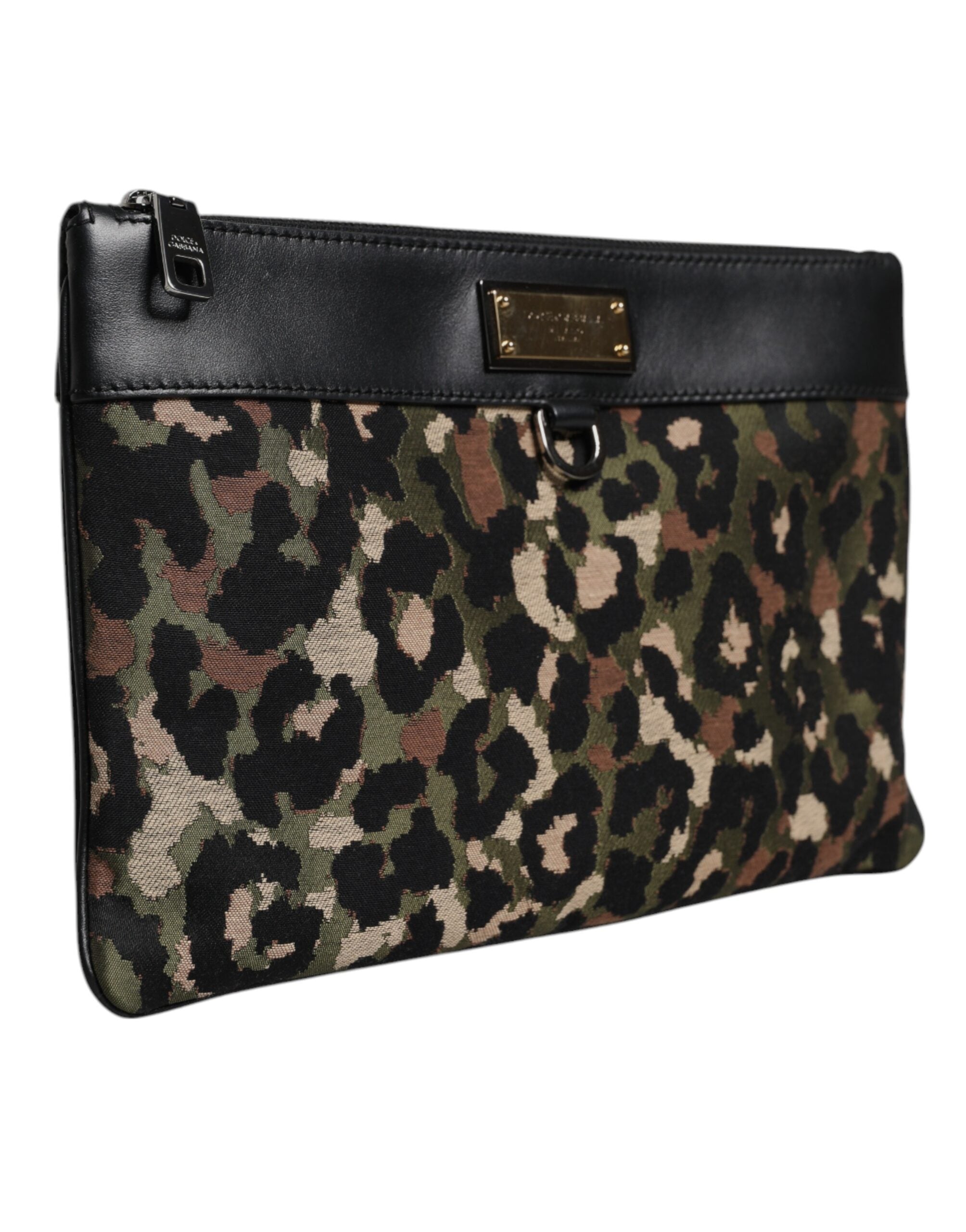 Multicolor Leopard Jacquard Print Logo Plaque Pouch Bag