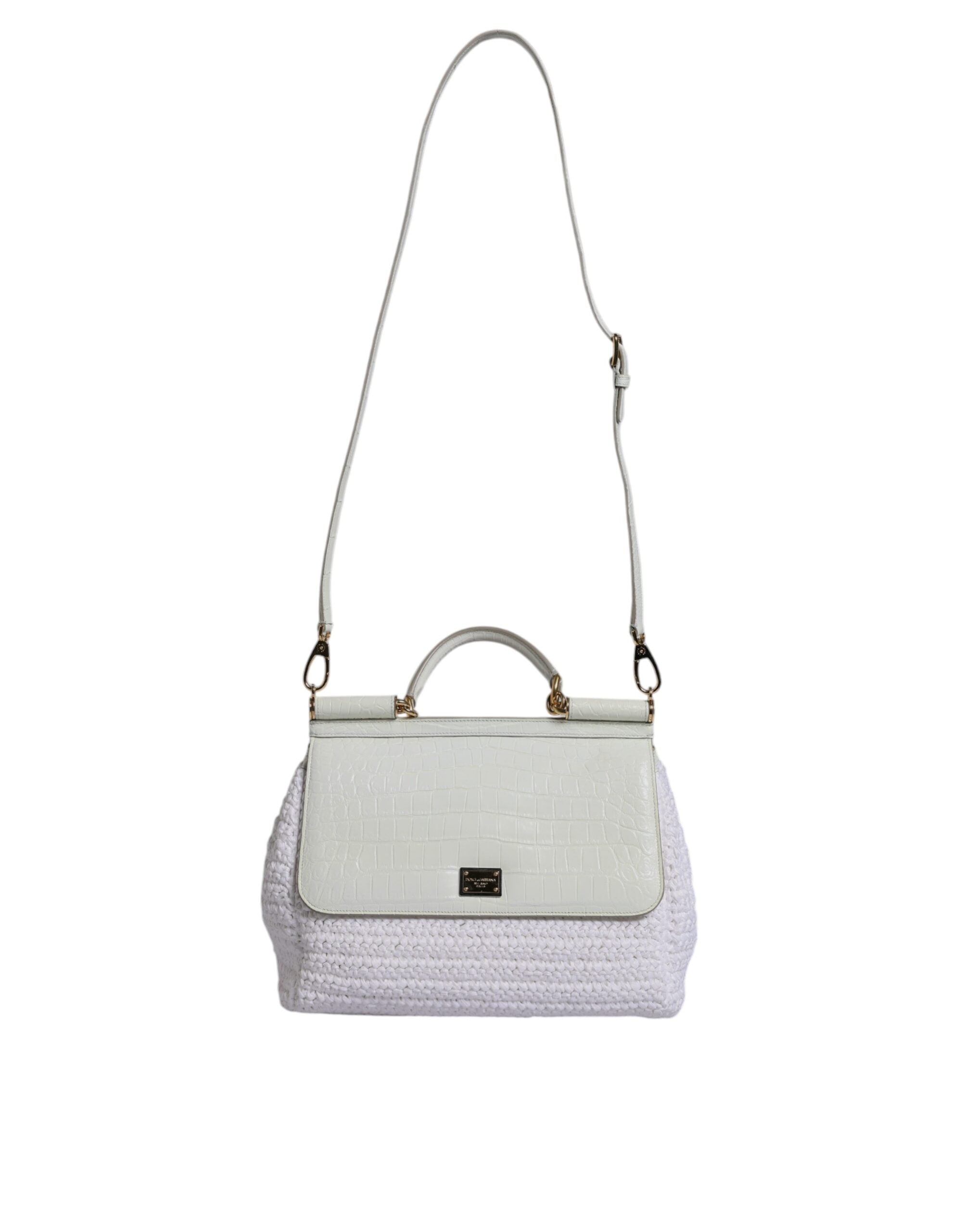White Rafia Leather Top Handle Crossbody Bag