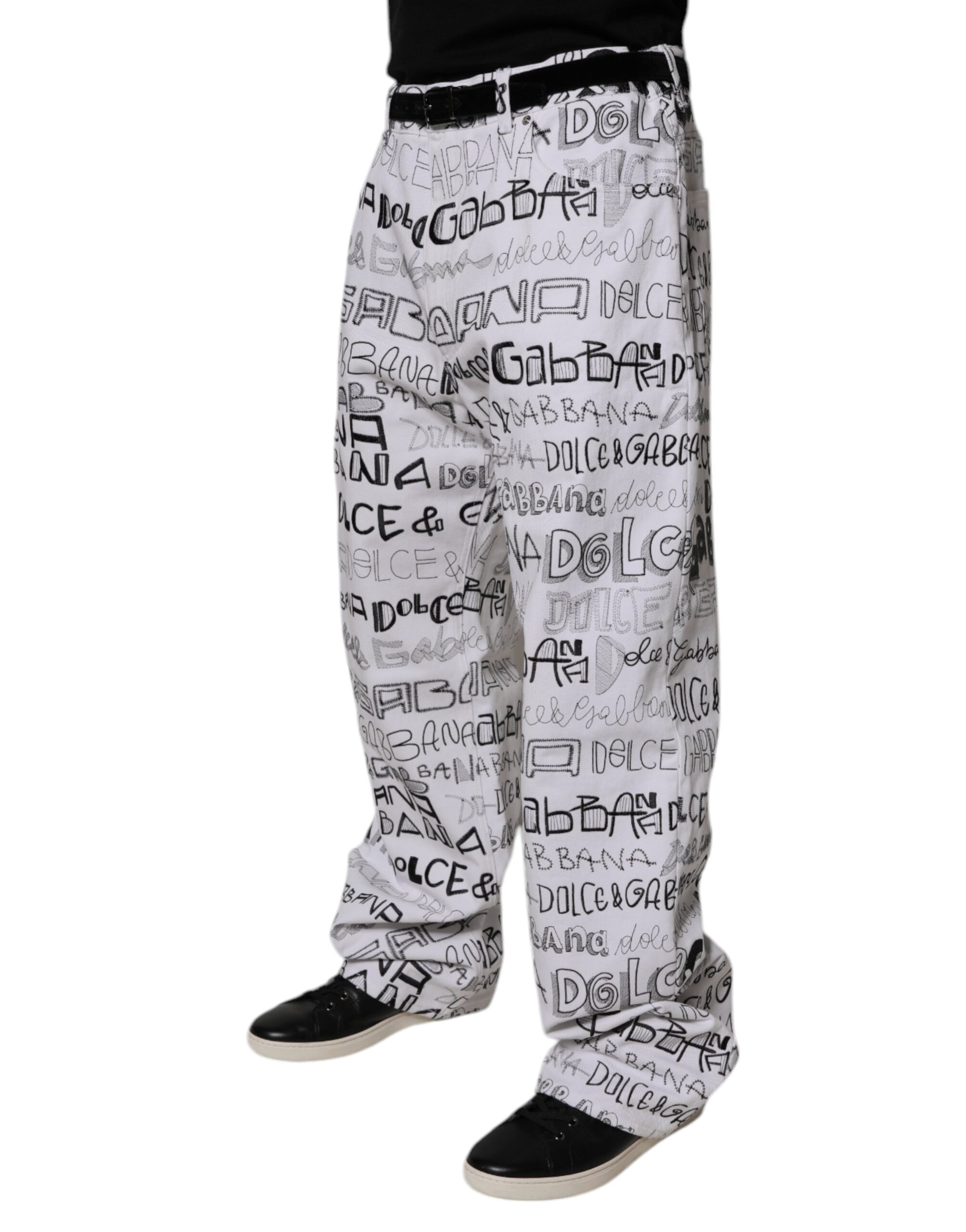 White Logo Print Straight Men Denim Jeans