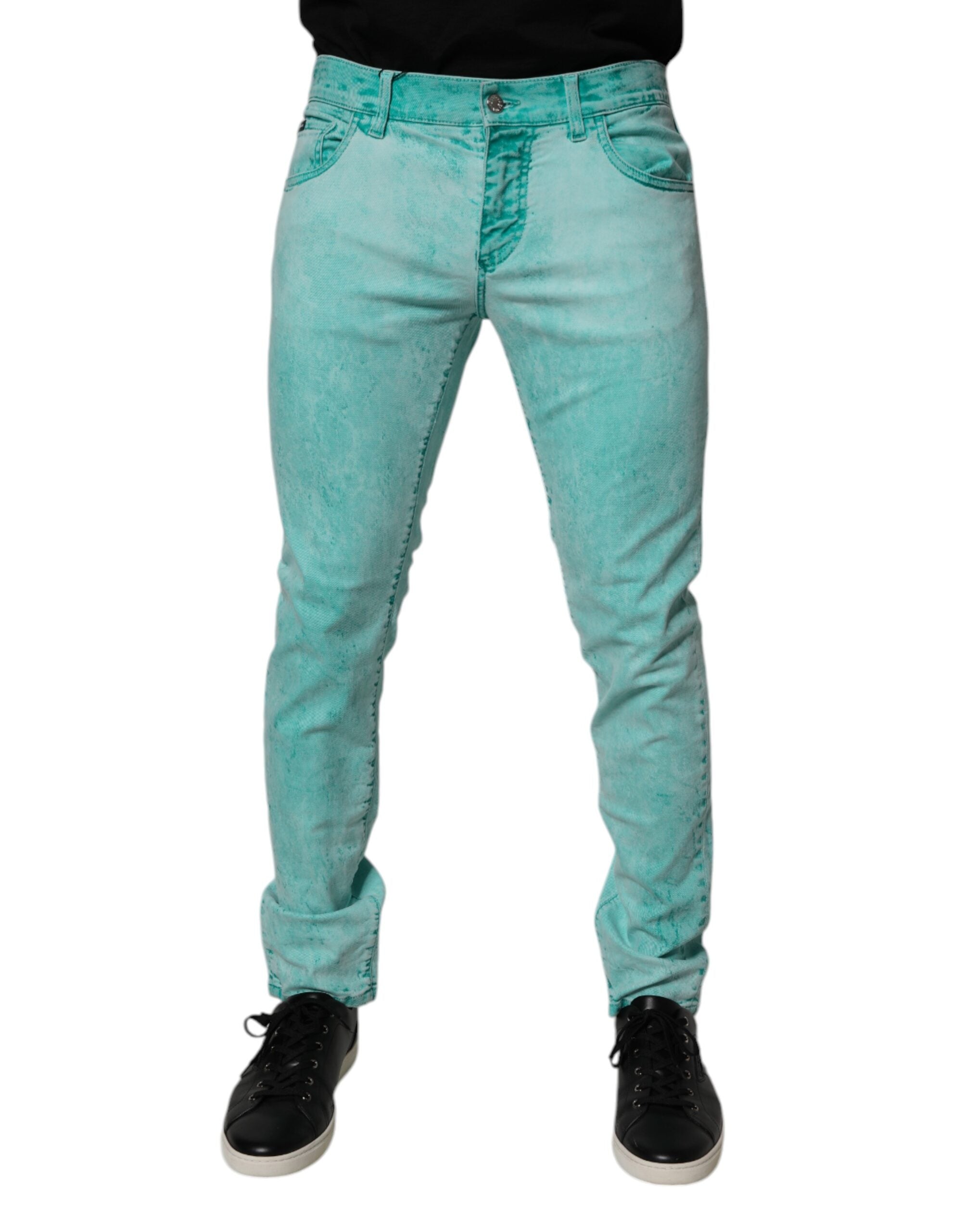 Green Tie Dye Cotton Skinny Men Denim Jeans