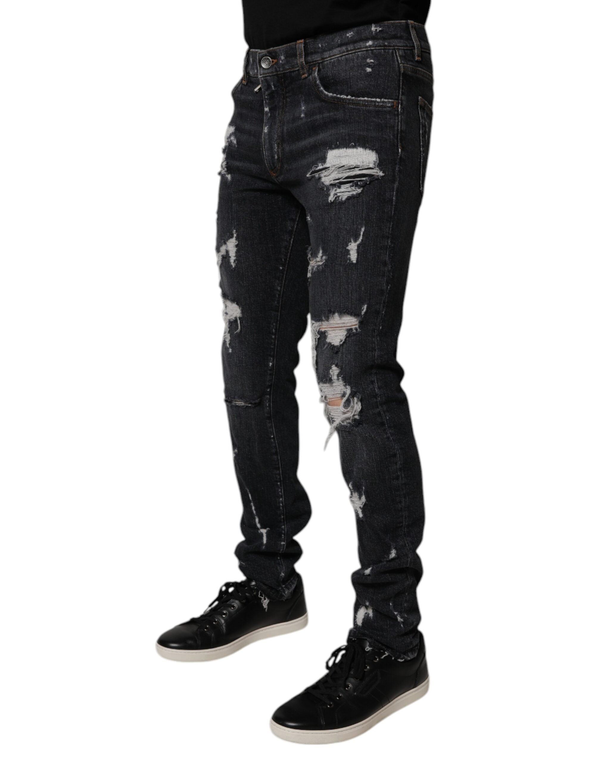 Black Tattered Cotton Skinny Men Denim Jeans