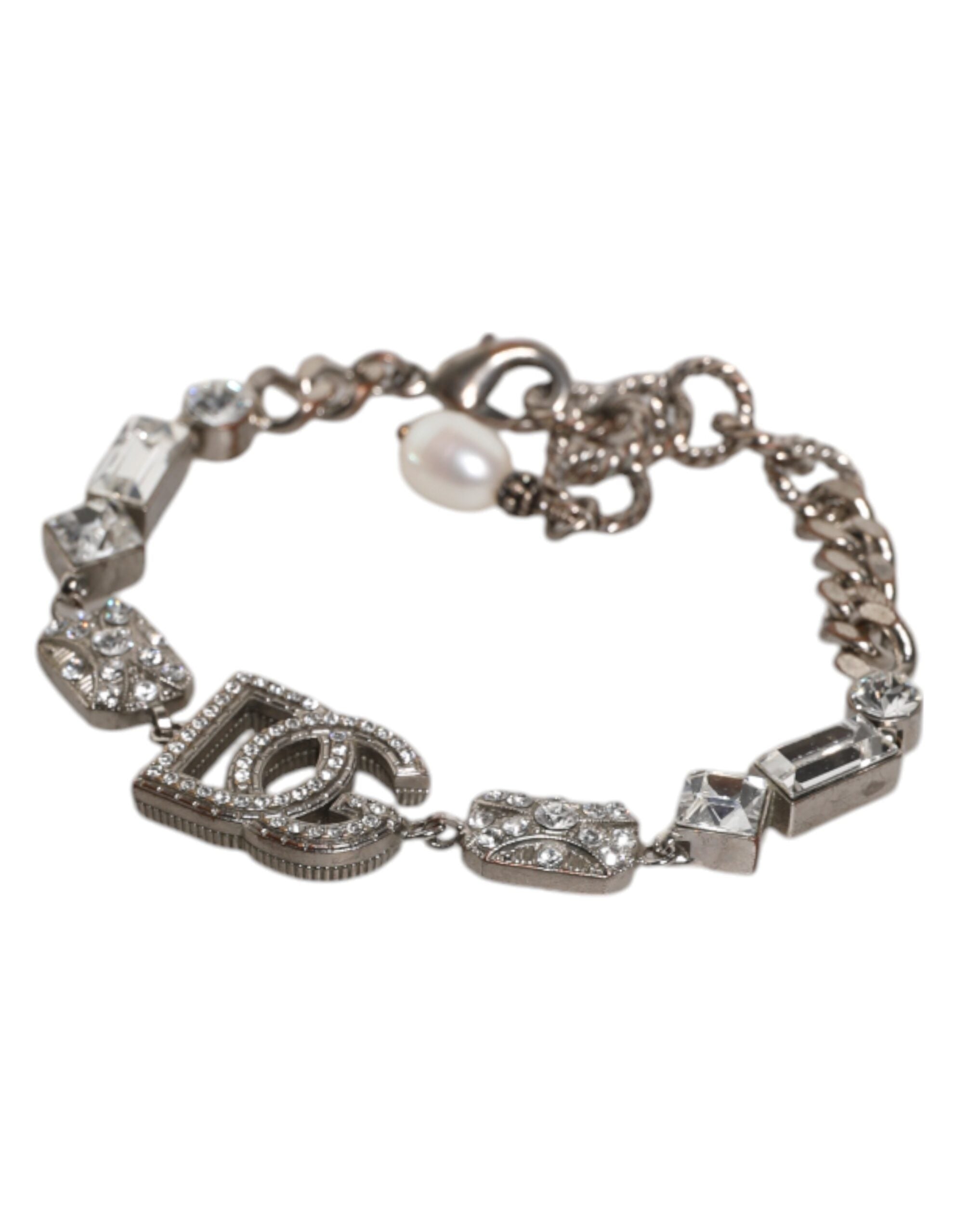 Silver Brass Crystal DG Logo Charm Embellished Bracelet