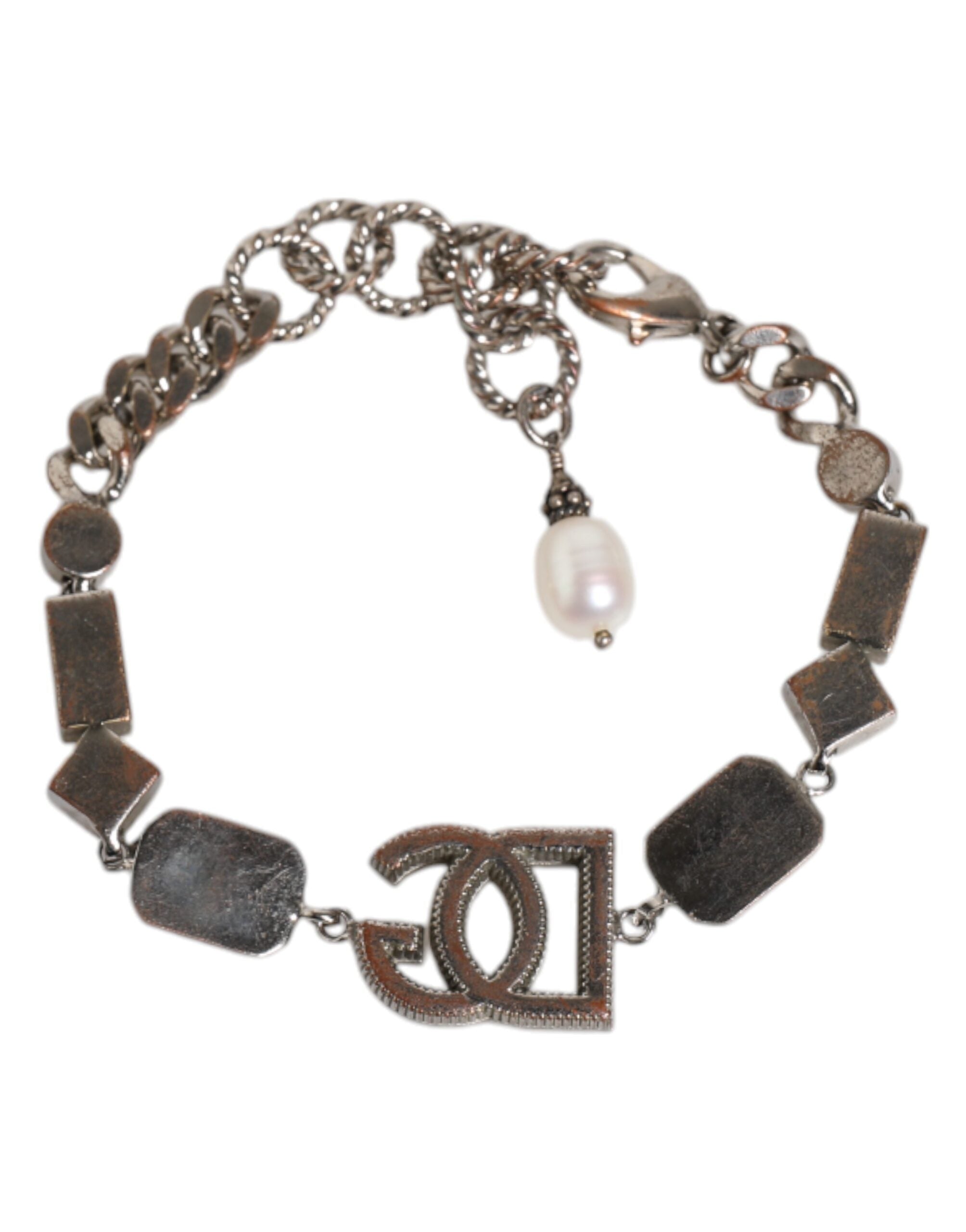 Silver Brass Crystal DG Logo Charm Embellished Bracelet
