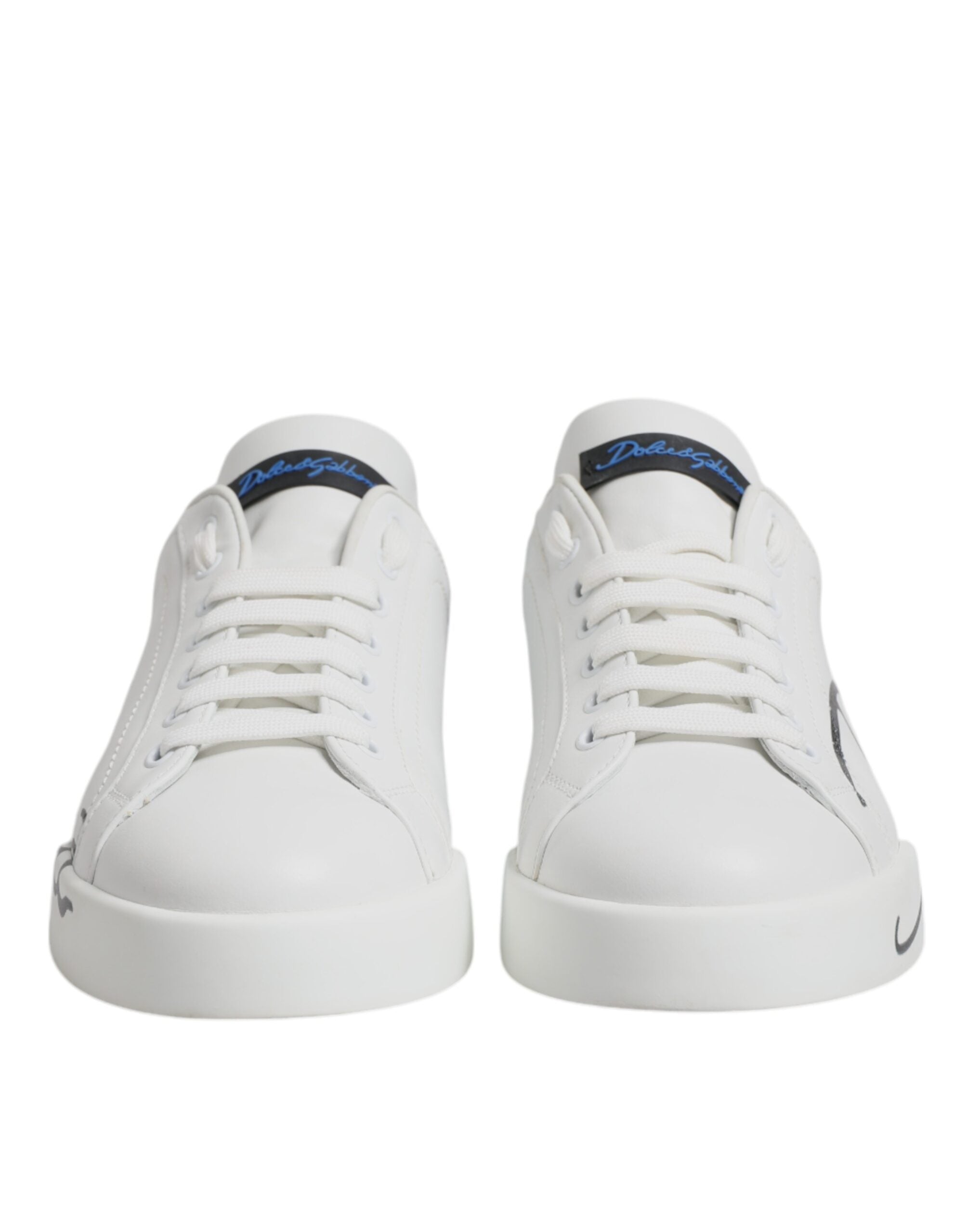 White Blue Leather Logo Low Top Sneakers Shoes