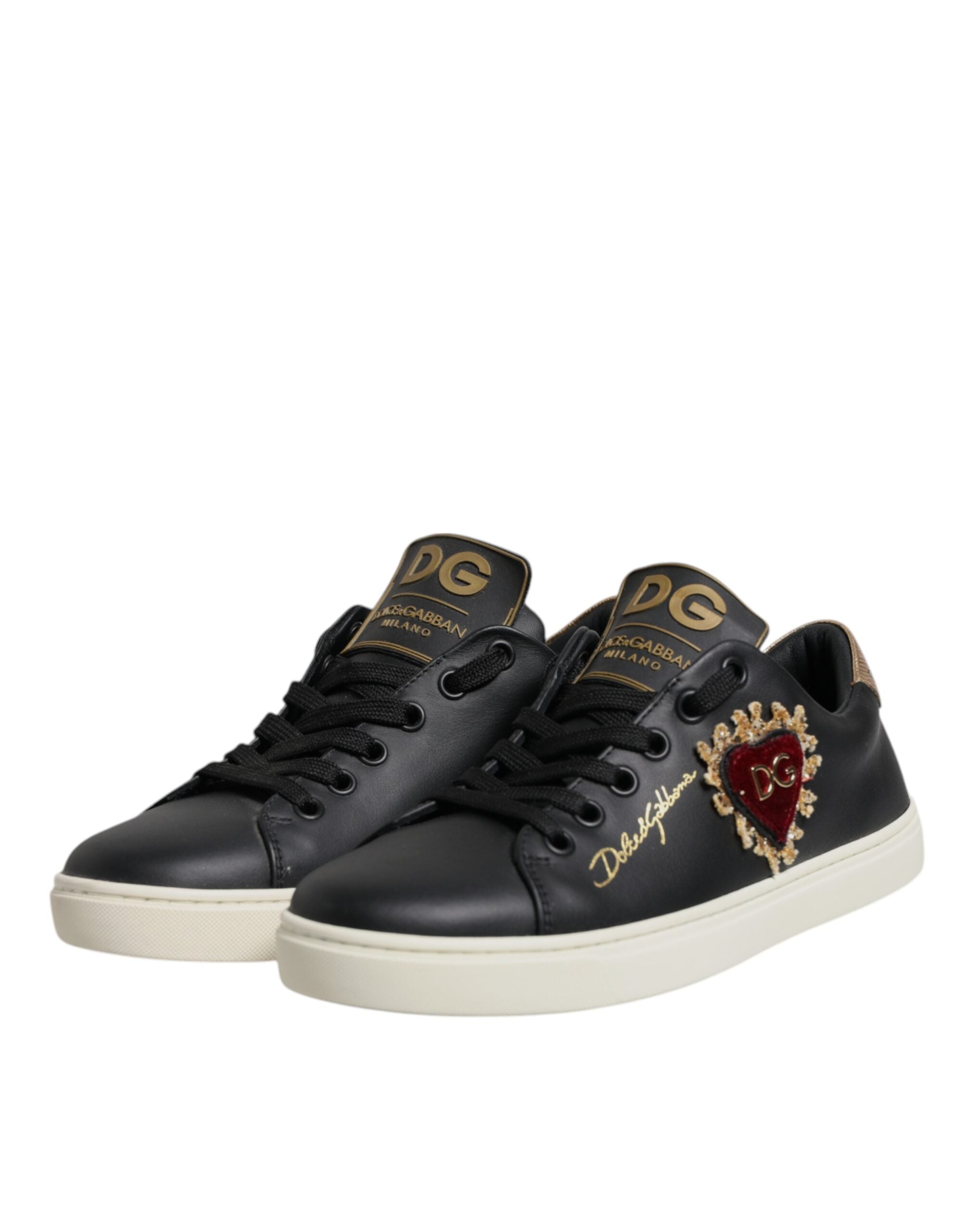 Black Leather Gold Red Heart Sneakers Shoes