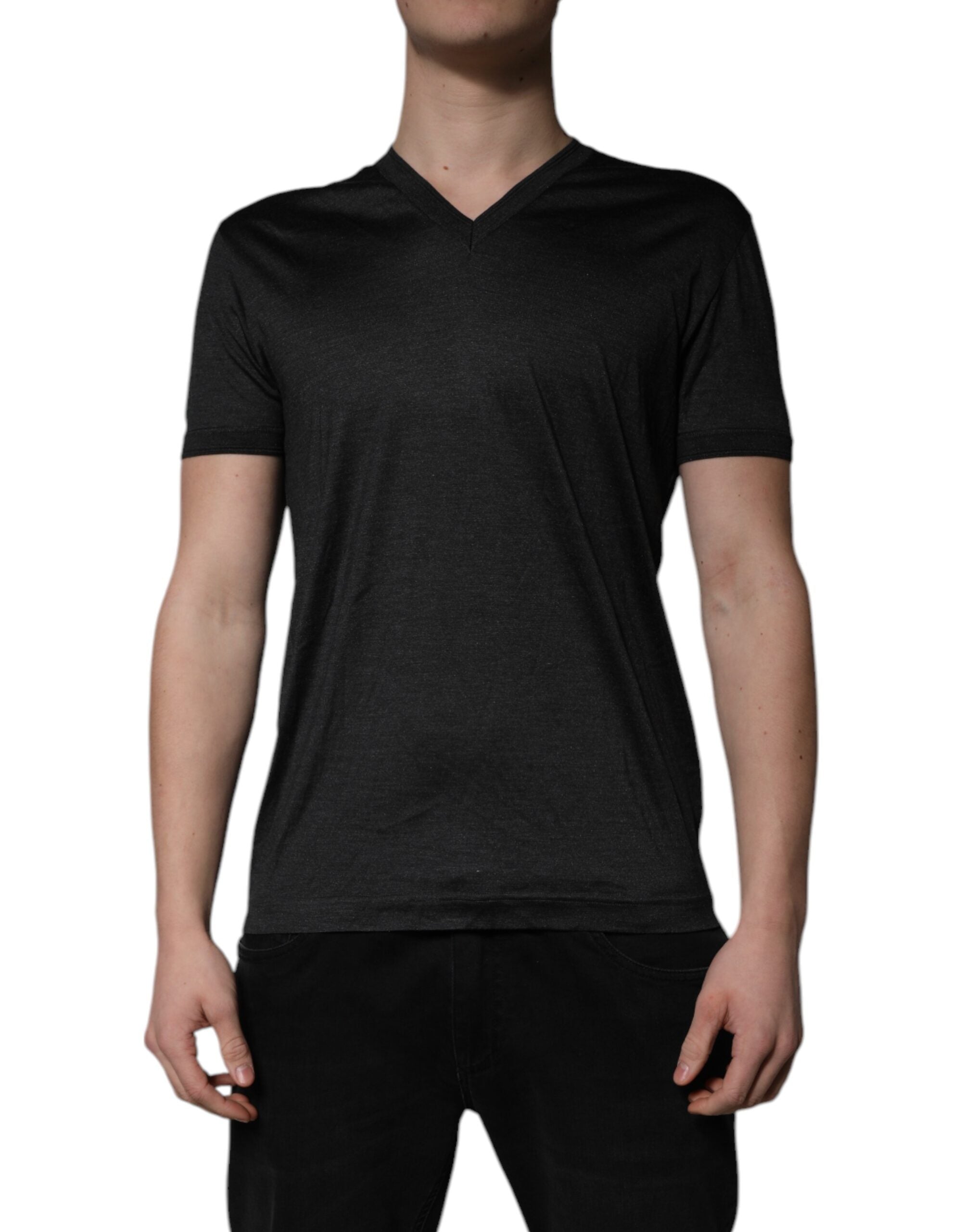 Dark Gray Silk V-neck Short Sleeves T-shirt