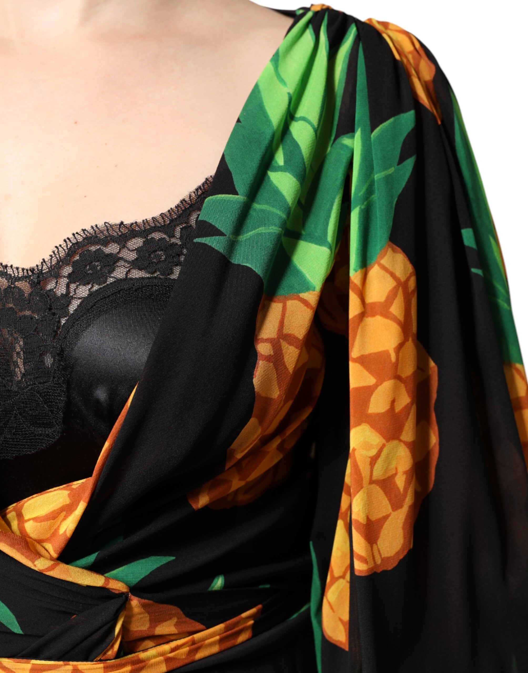 Black Silk Pineapple Draped Print Wrap Dress