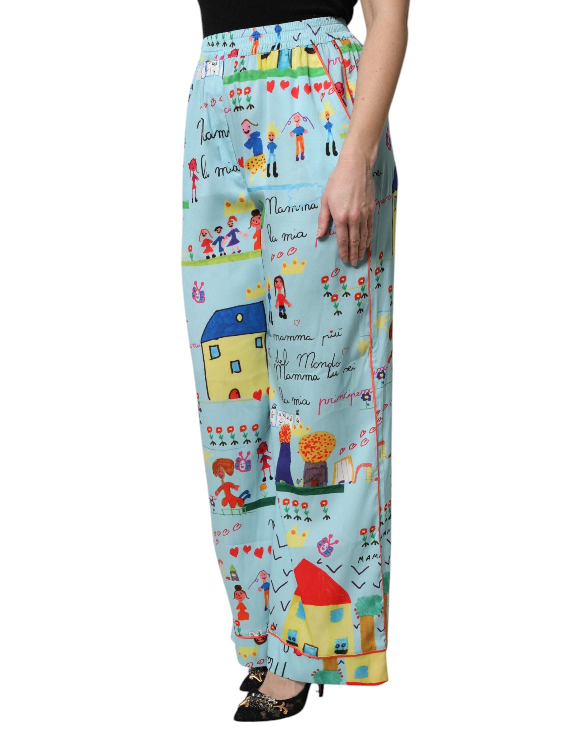 Light Blue Drawing Mid Waist Wide Leg Pants