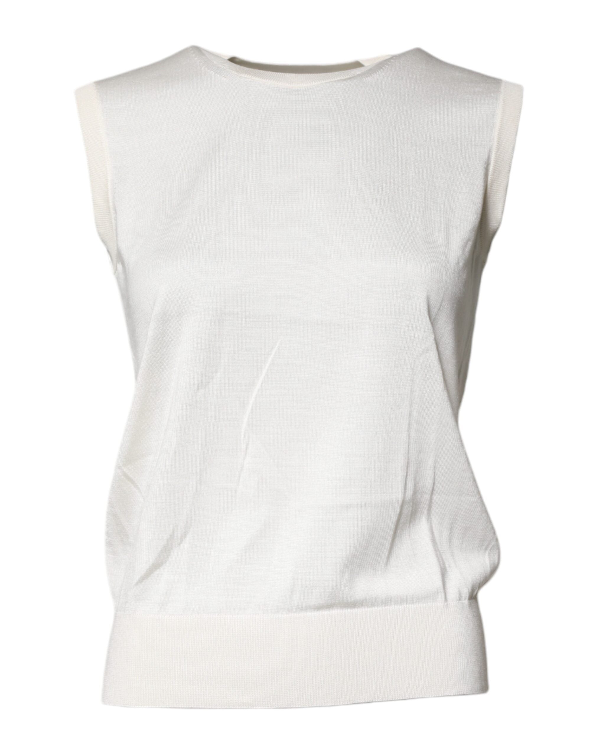 Cream Sleeveless Silk Round Neck Tank Top