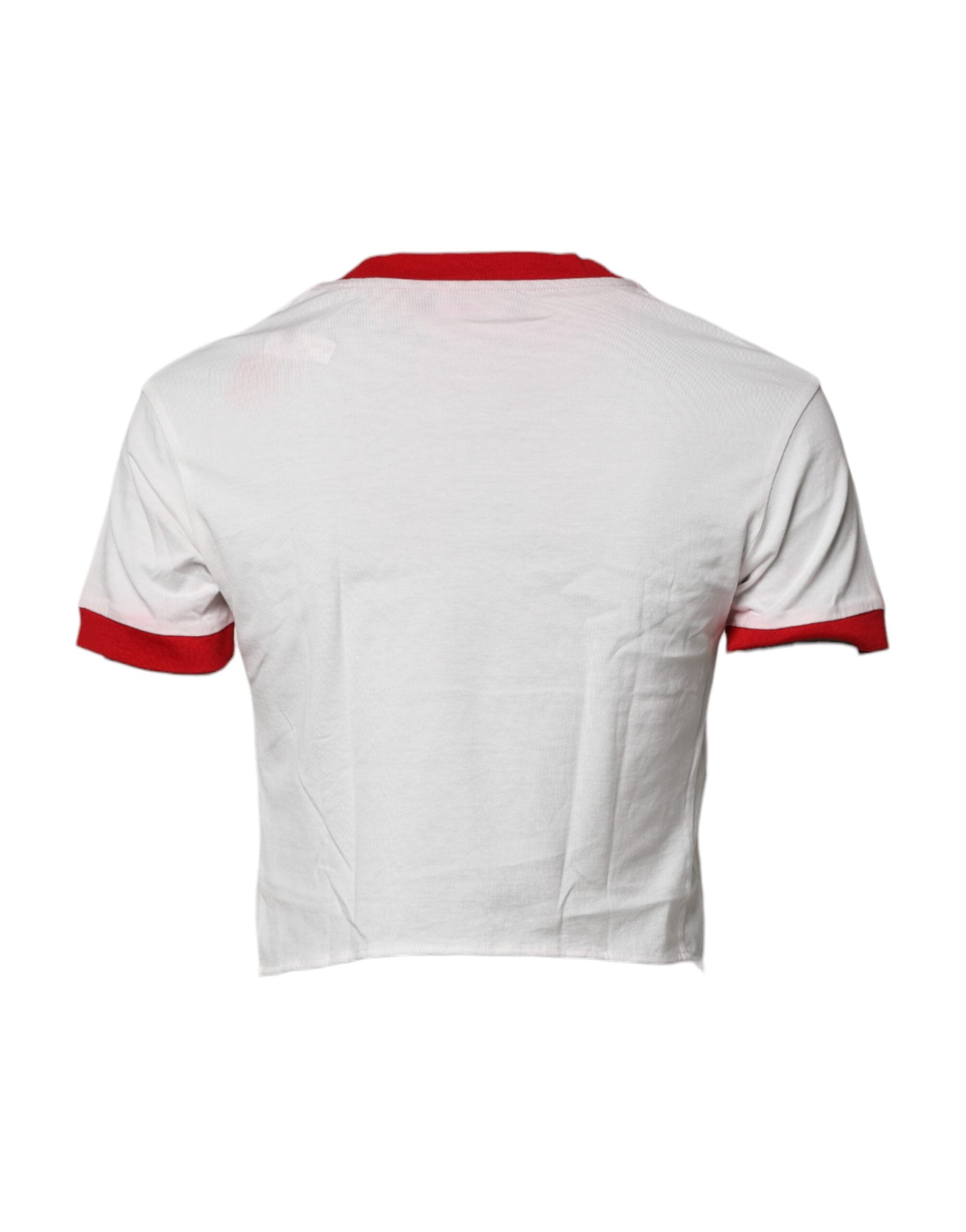 White Printed Round Neck Cropped Top T-shirt