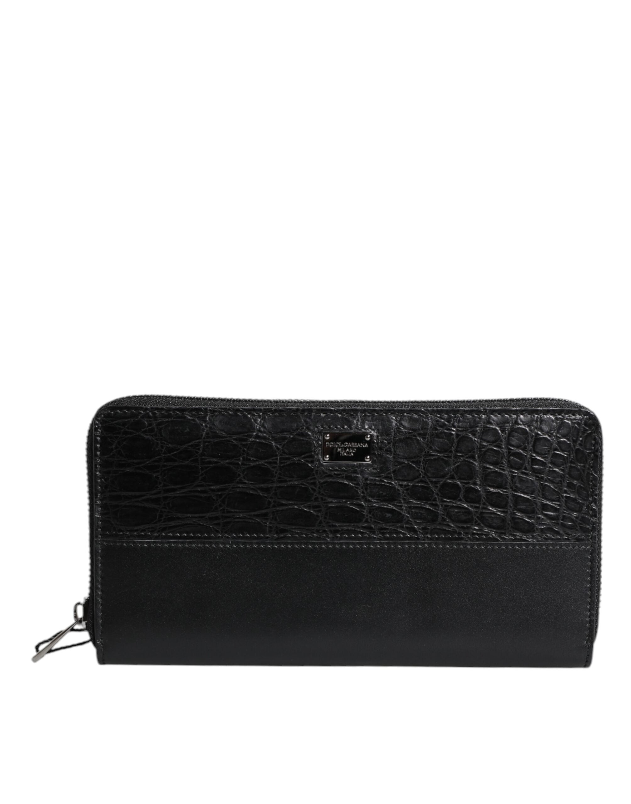Black Leather Logo Plaque Zip Around Continental Wallet