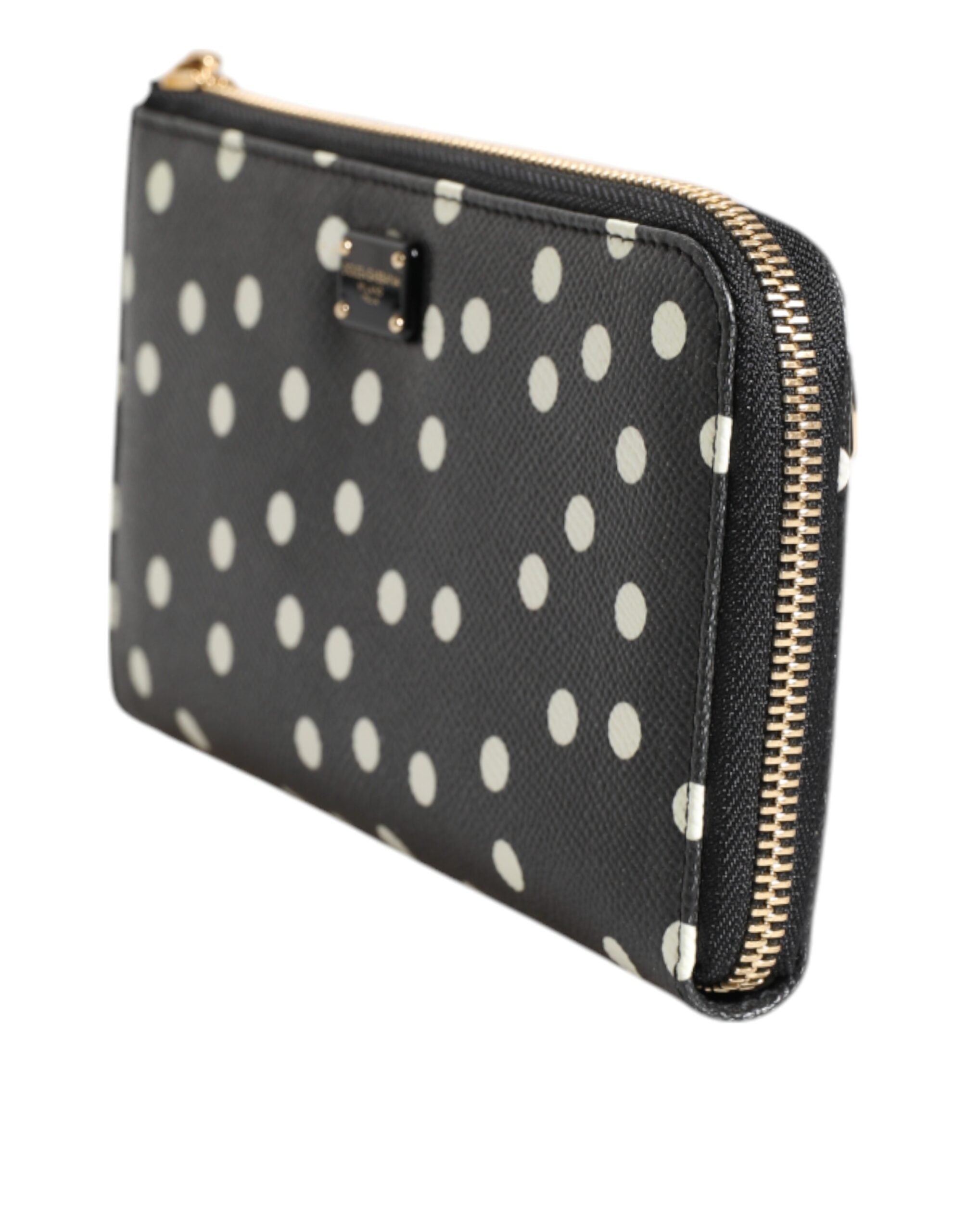 Black White Dotted Leather Zip Around Continental Wallet