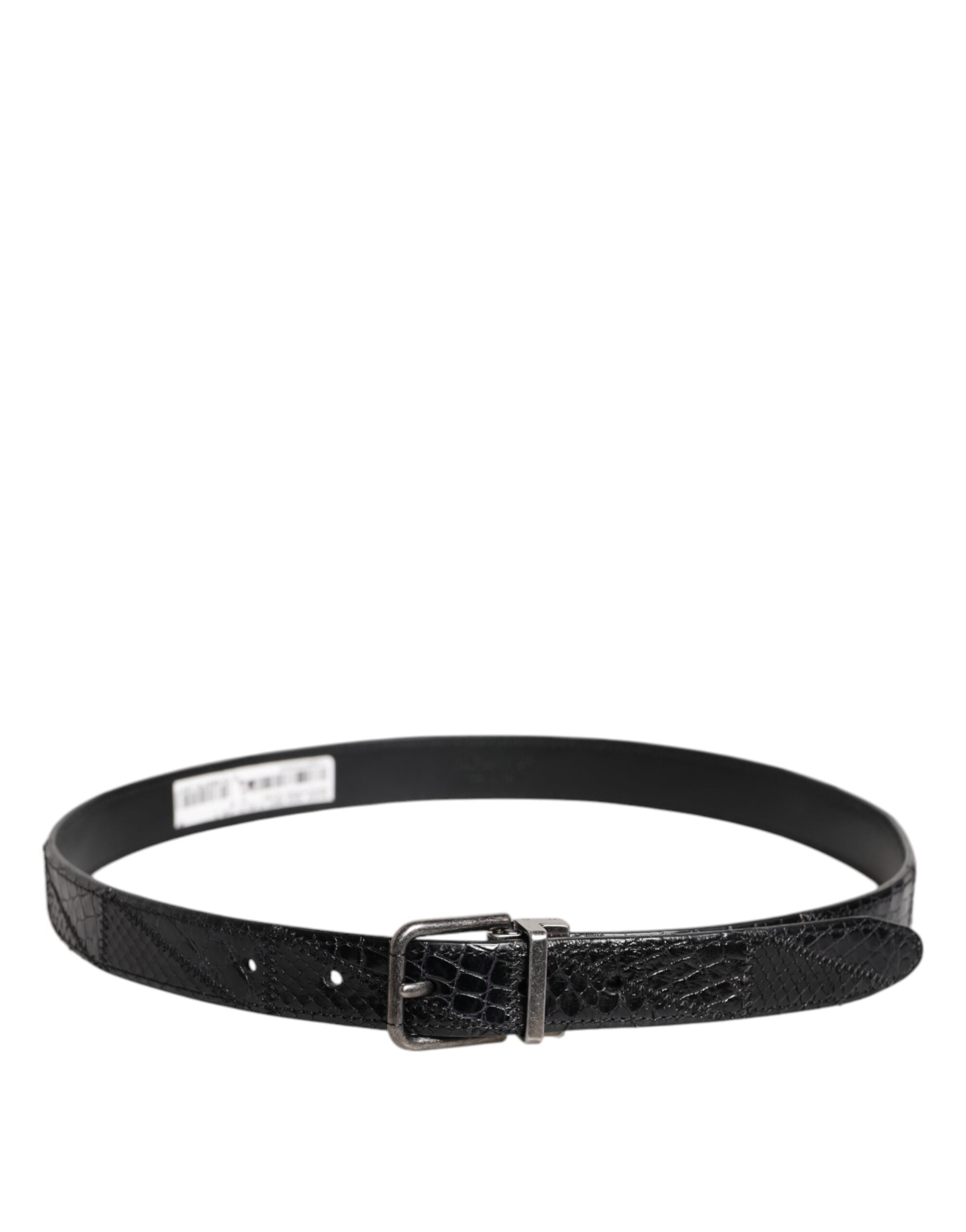 Black Exotic Leather Metal Logo Buckle Belt