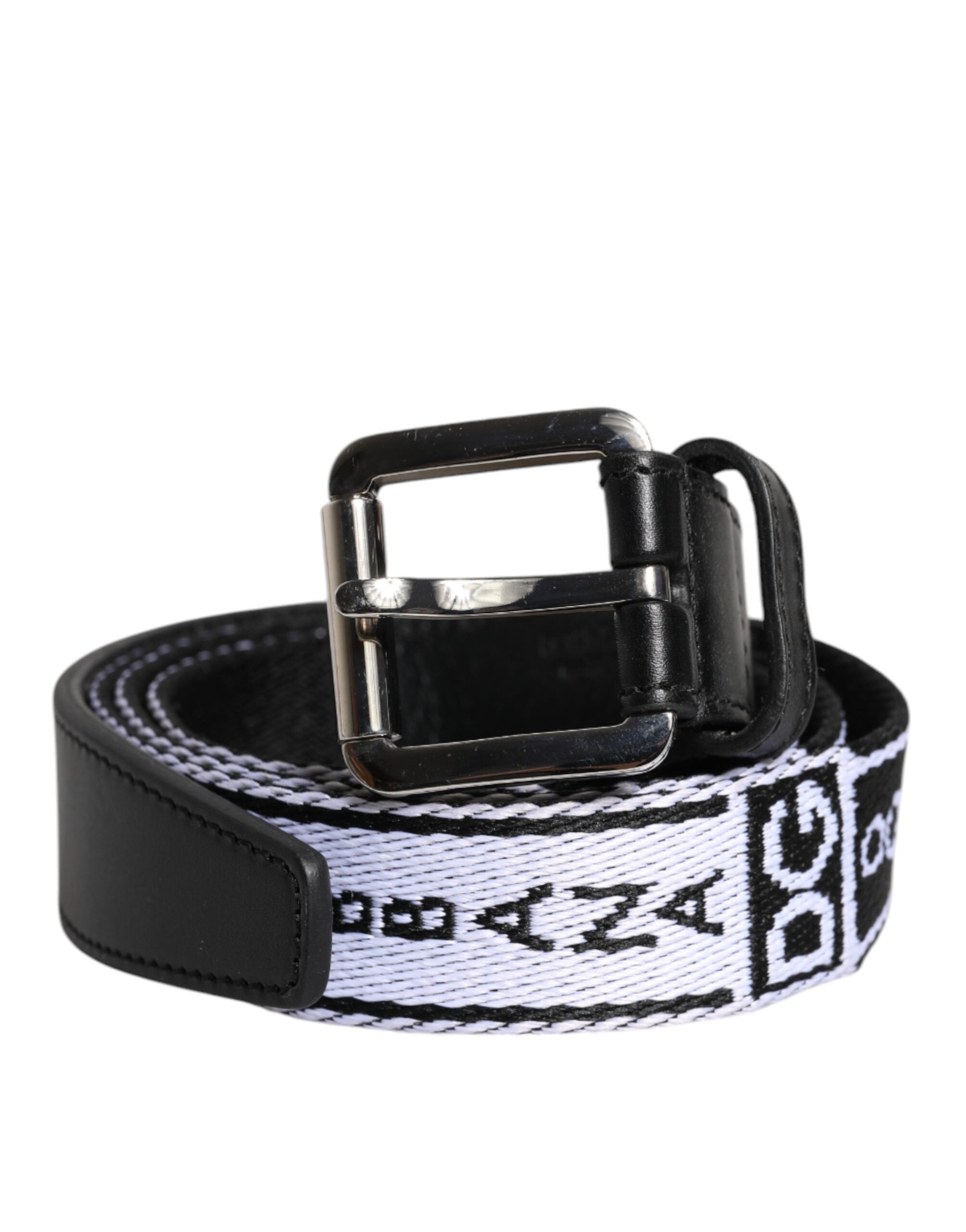 Black White Printed Metal Logo Buckle Belt