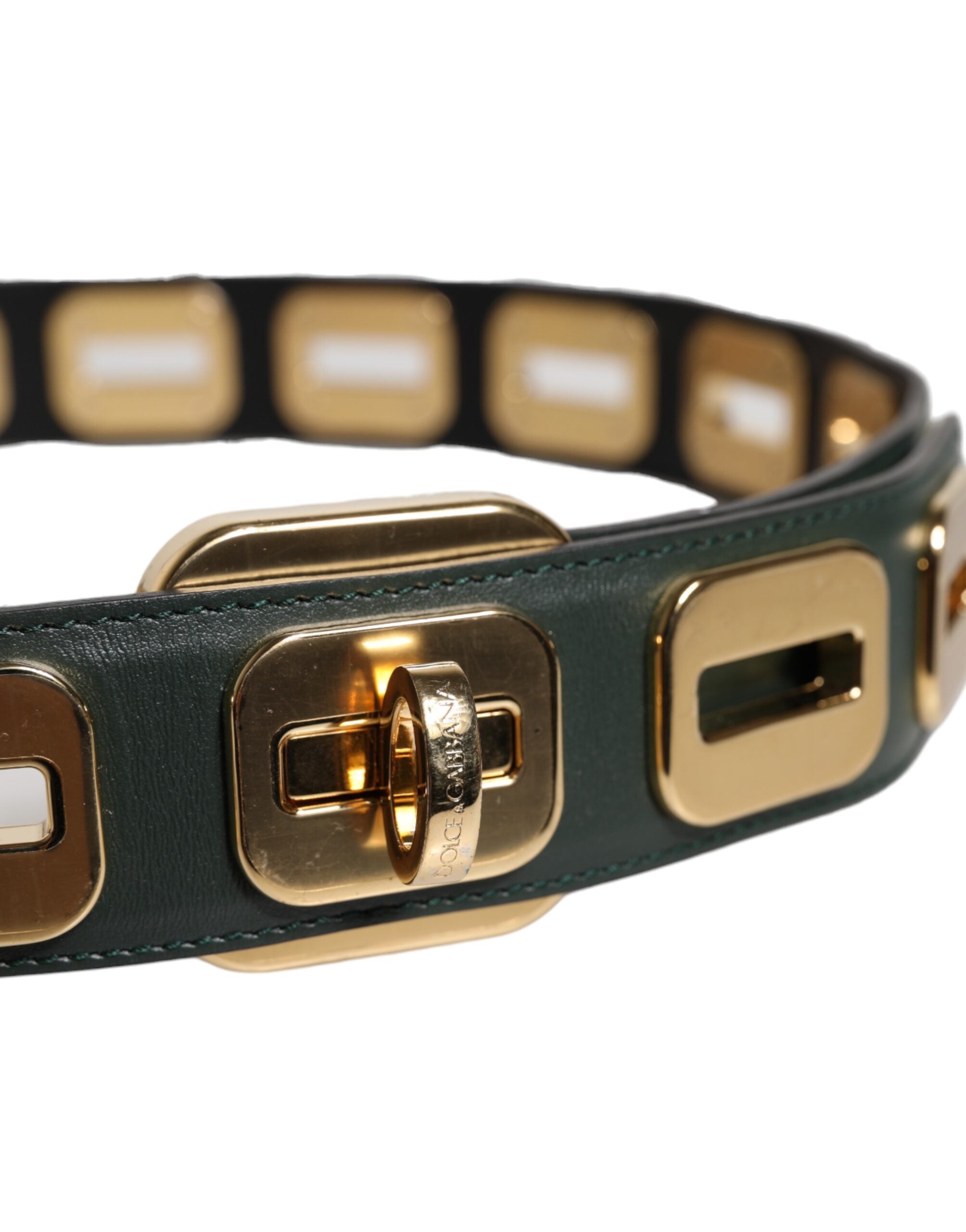 Green Leather Gold Tone Rotating Buckle Belt