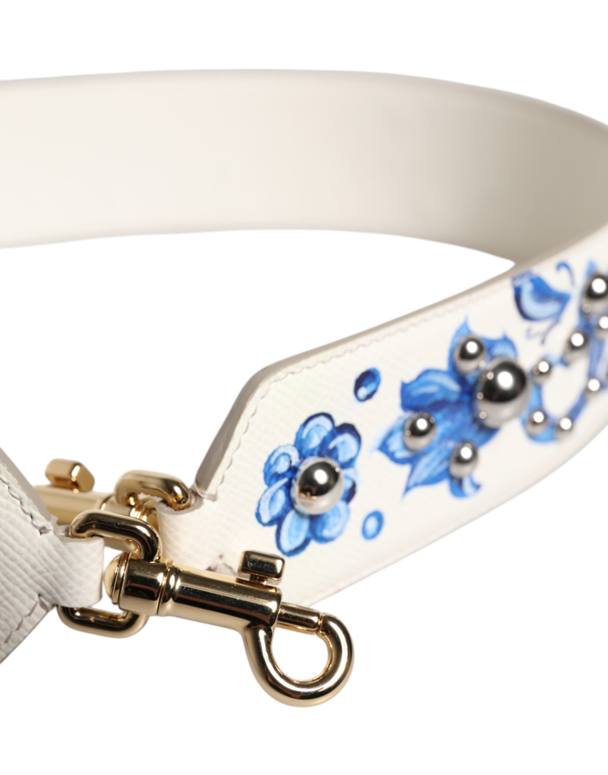 White Blue Floral Leather Stud Shoulder Strap