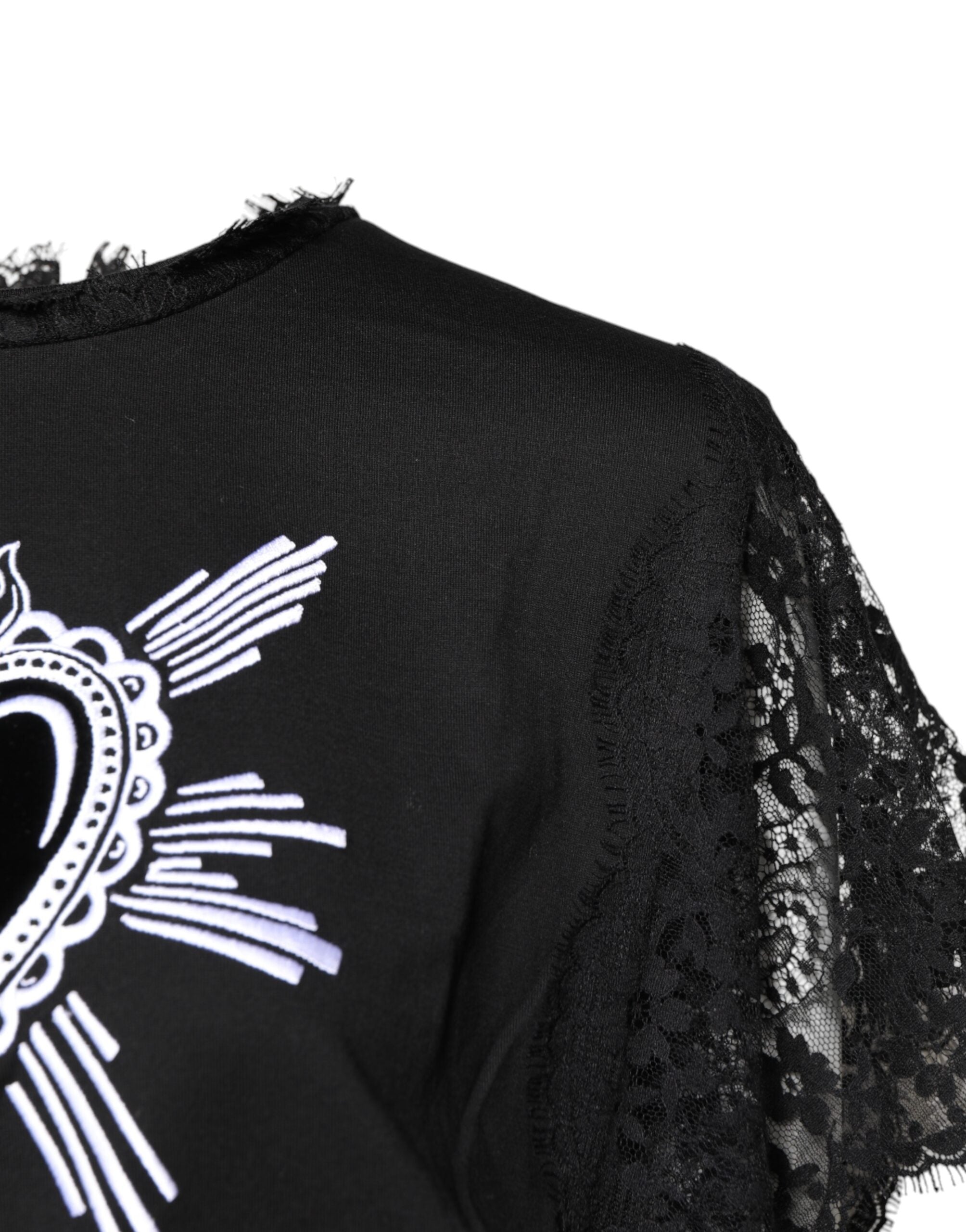 Black Lace Sheer Sacred Heart Crew Neck Top