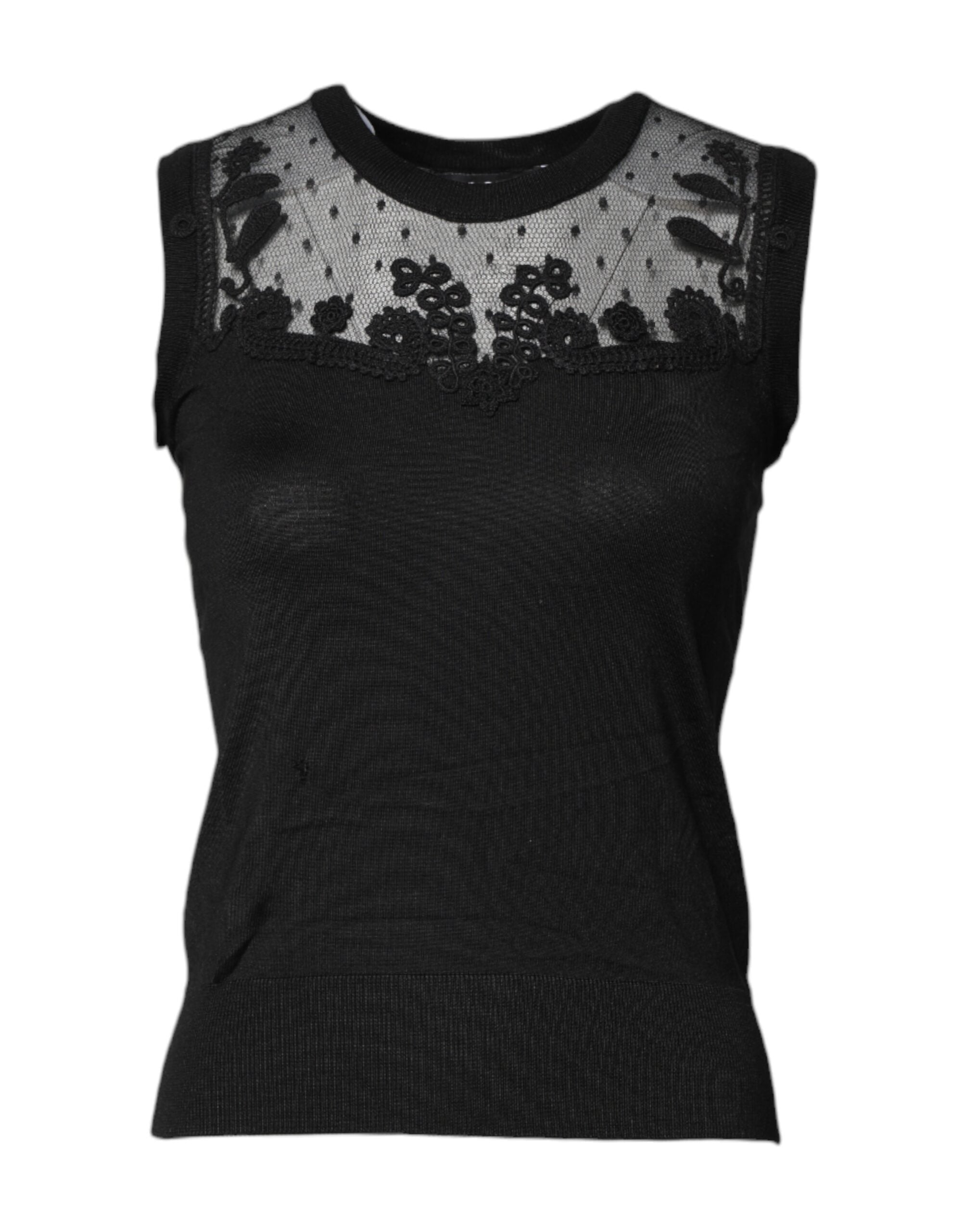 Black Lace Sheer Crew Neck Sleeveless Top