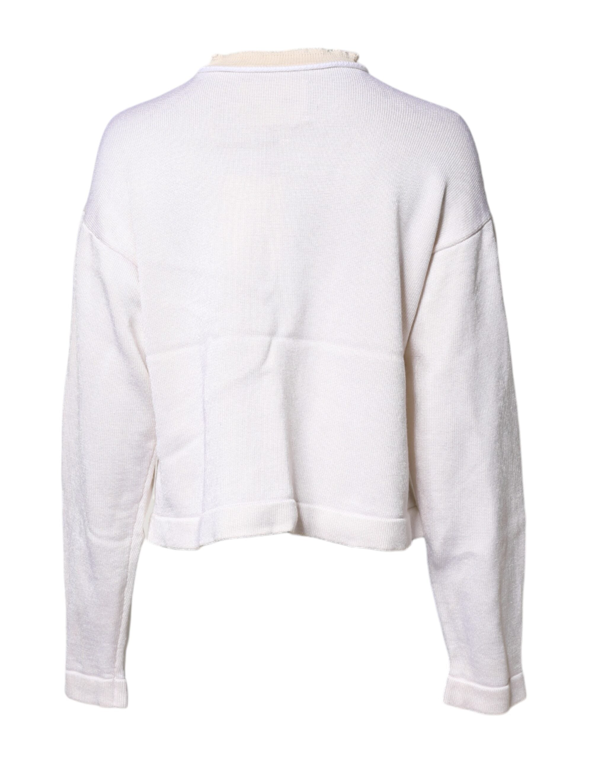 White Viscose Crew Neck Long Sleeves Pullover Sweater