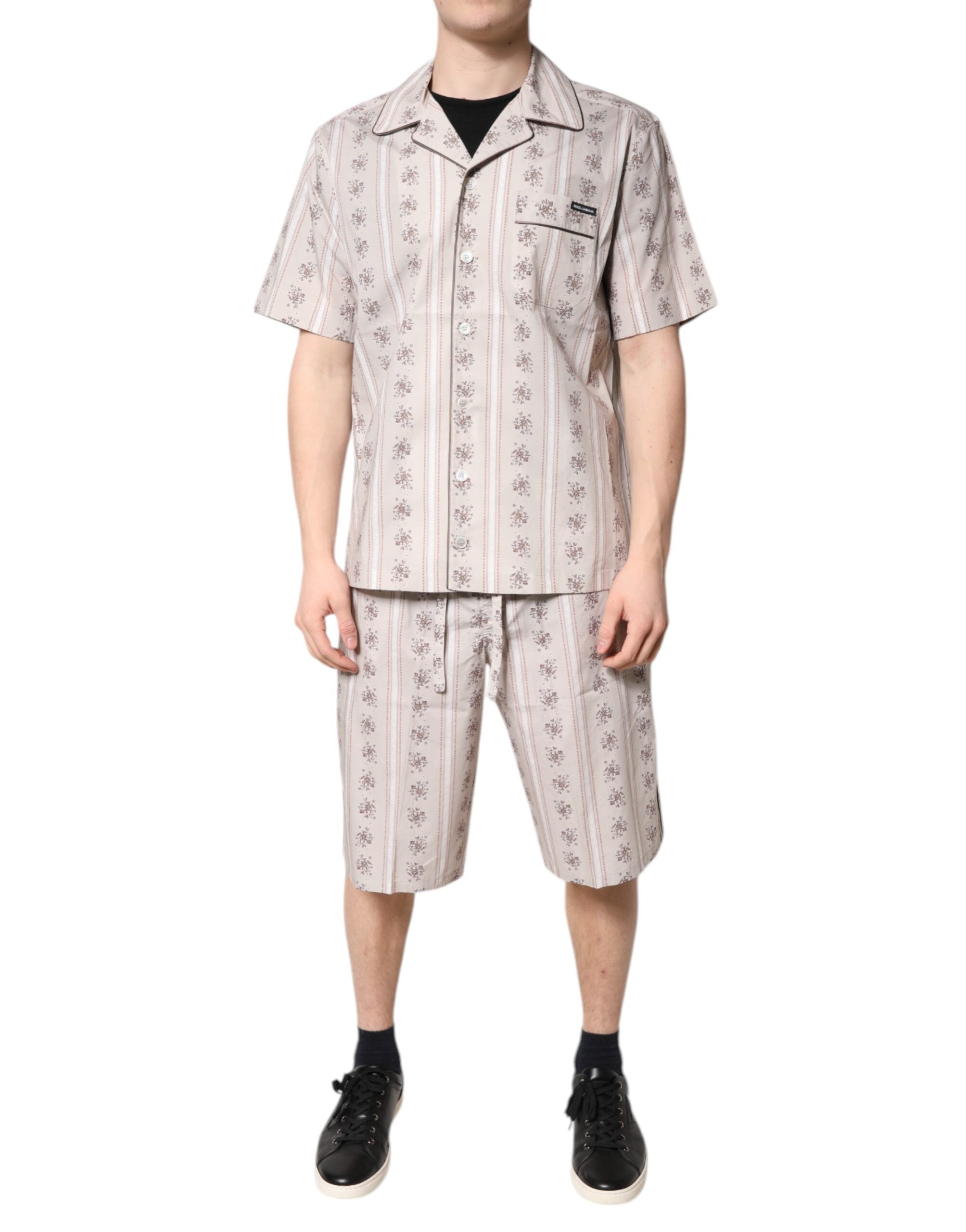 Beige Floral Print Cotton Men Pajama Set Sleepwear