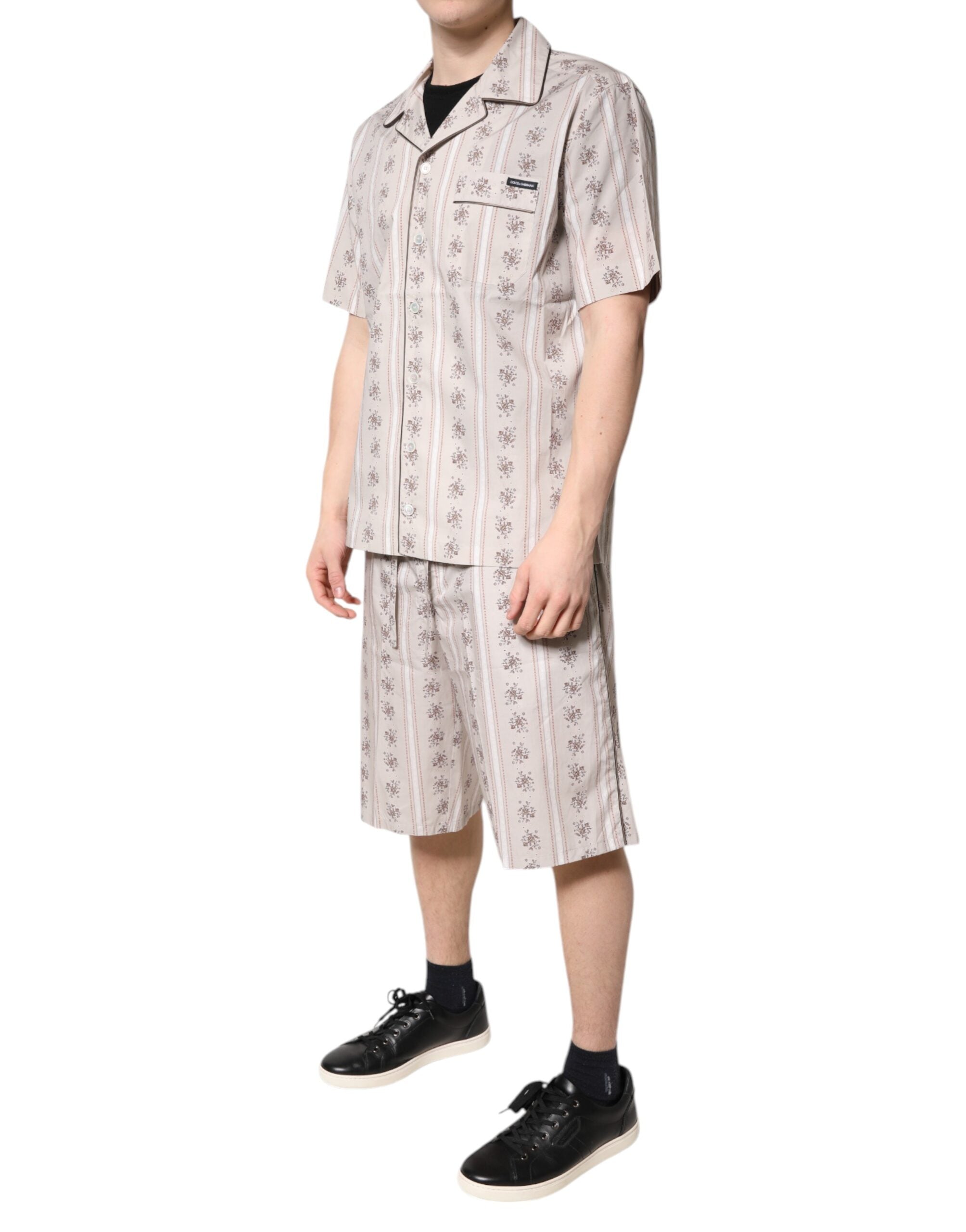 Beige Floral Print Cotton Men Pajama Set Sleepwear