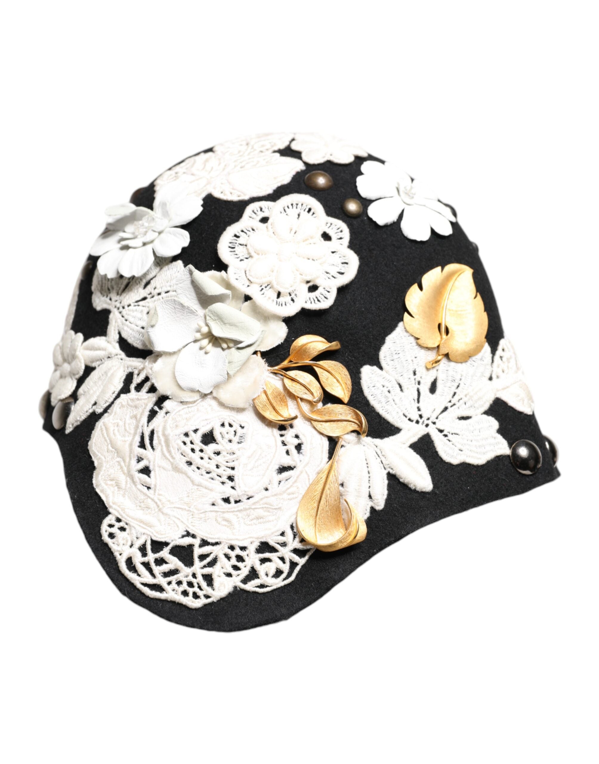 Black Wool White Floral Gold Leaf Cloche Hat