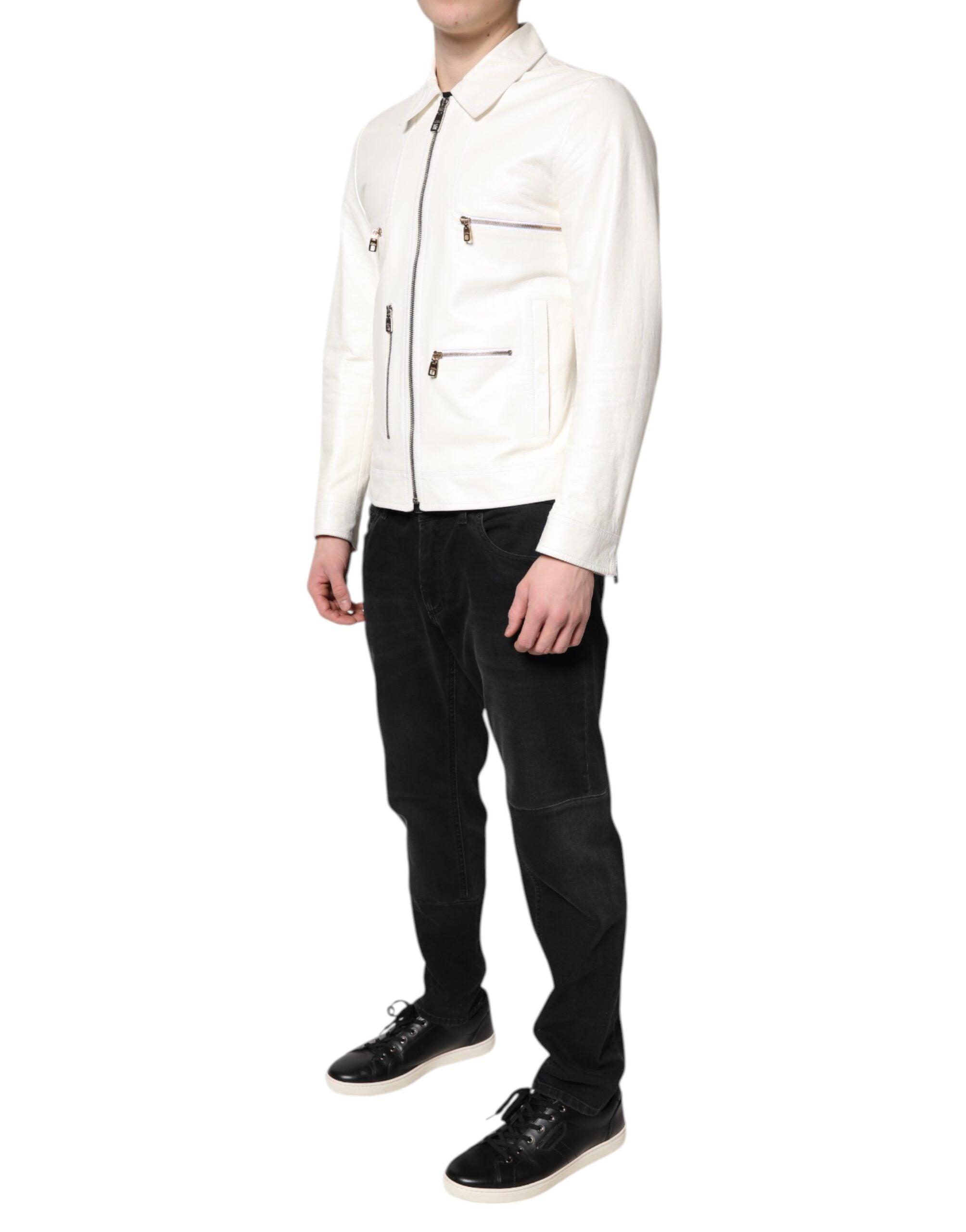 White Collared Full Zip Biker Coat Jacket