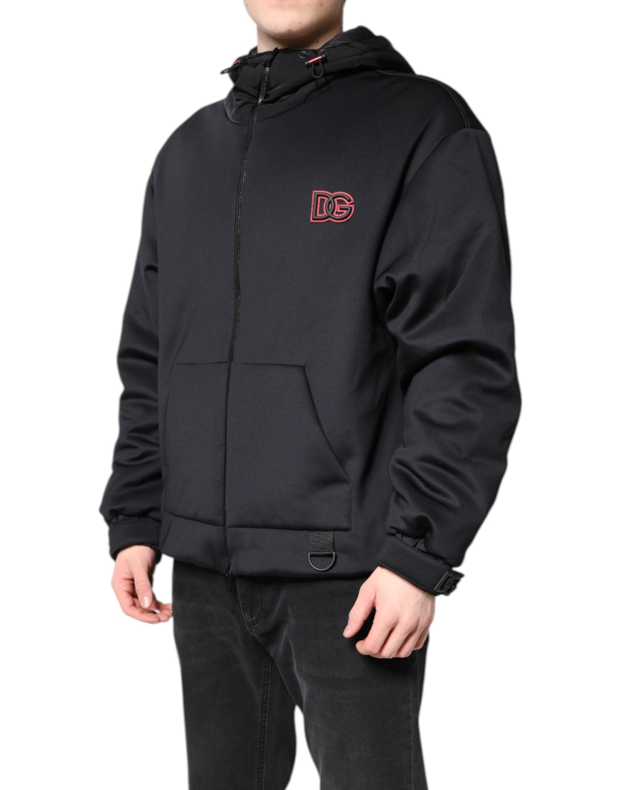 Black Polyester DG Hooded Full Zip Jacket