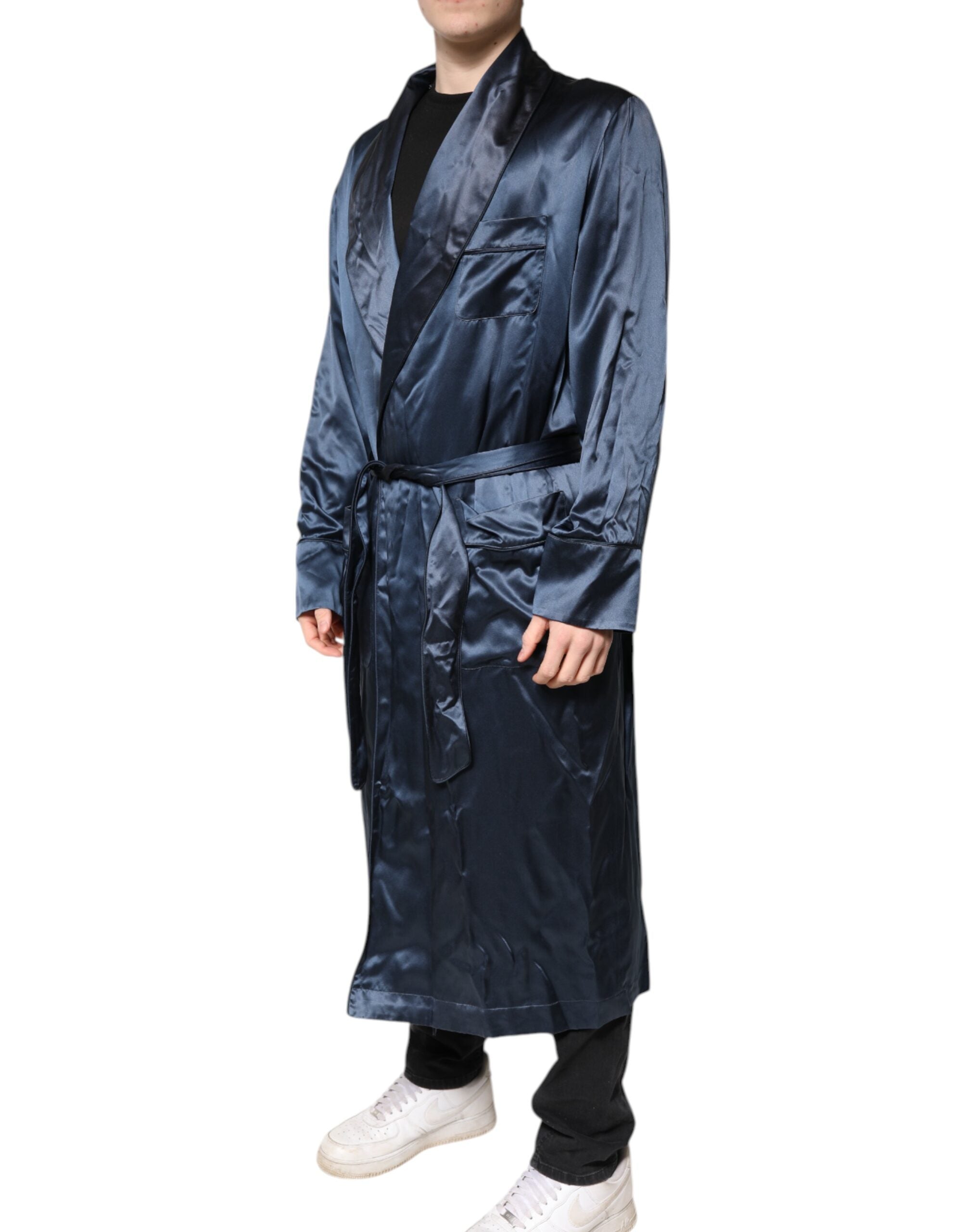 Blue Solid Silk Men Wrap Robe Coat Jacket