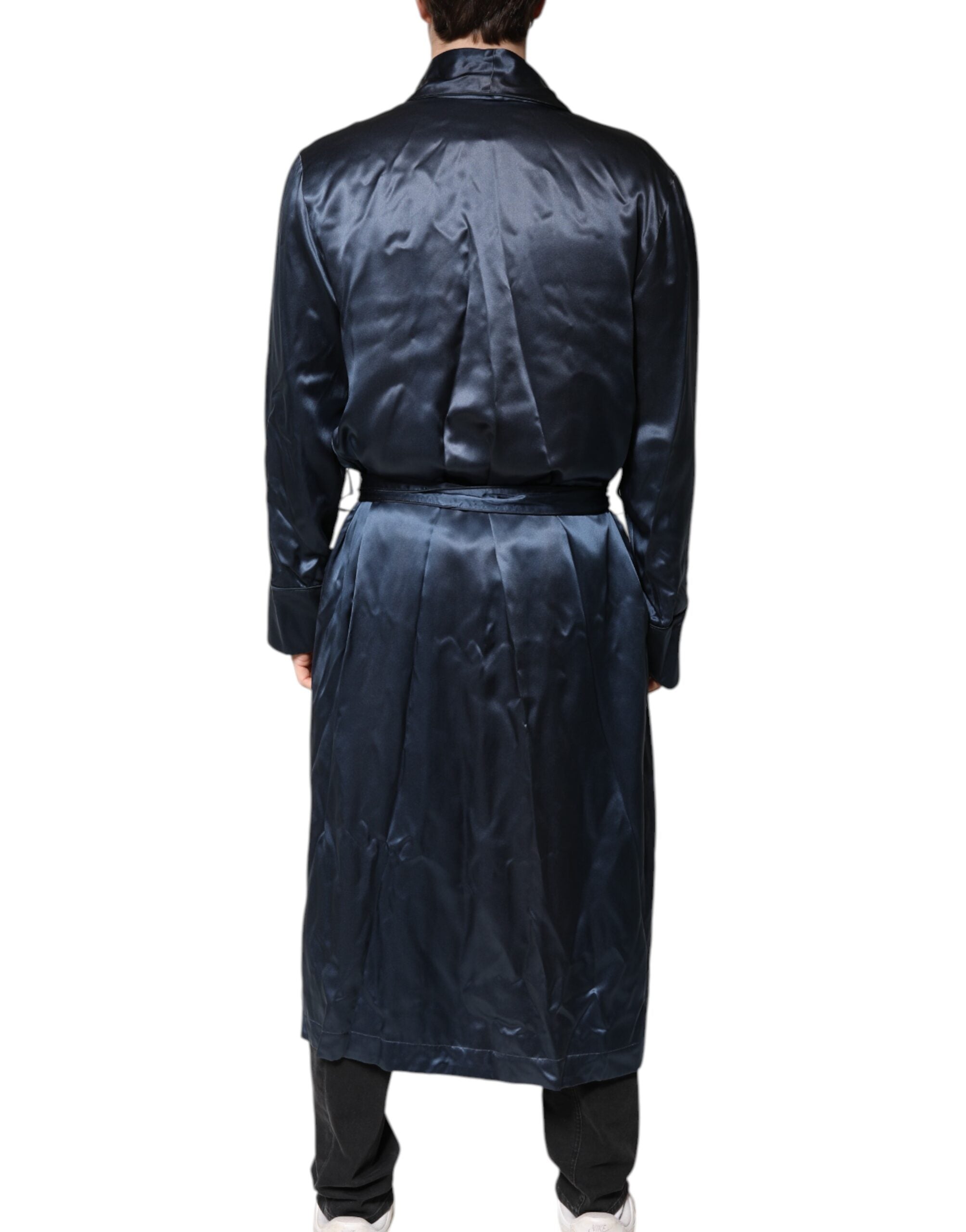 Blue Solid Silk Men Wrap Robe Coat Jacket