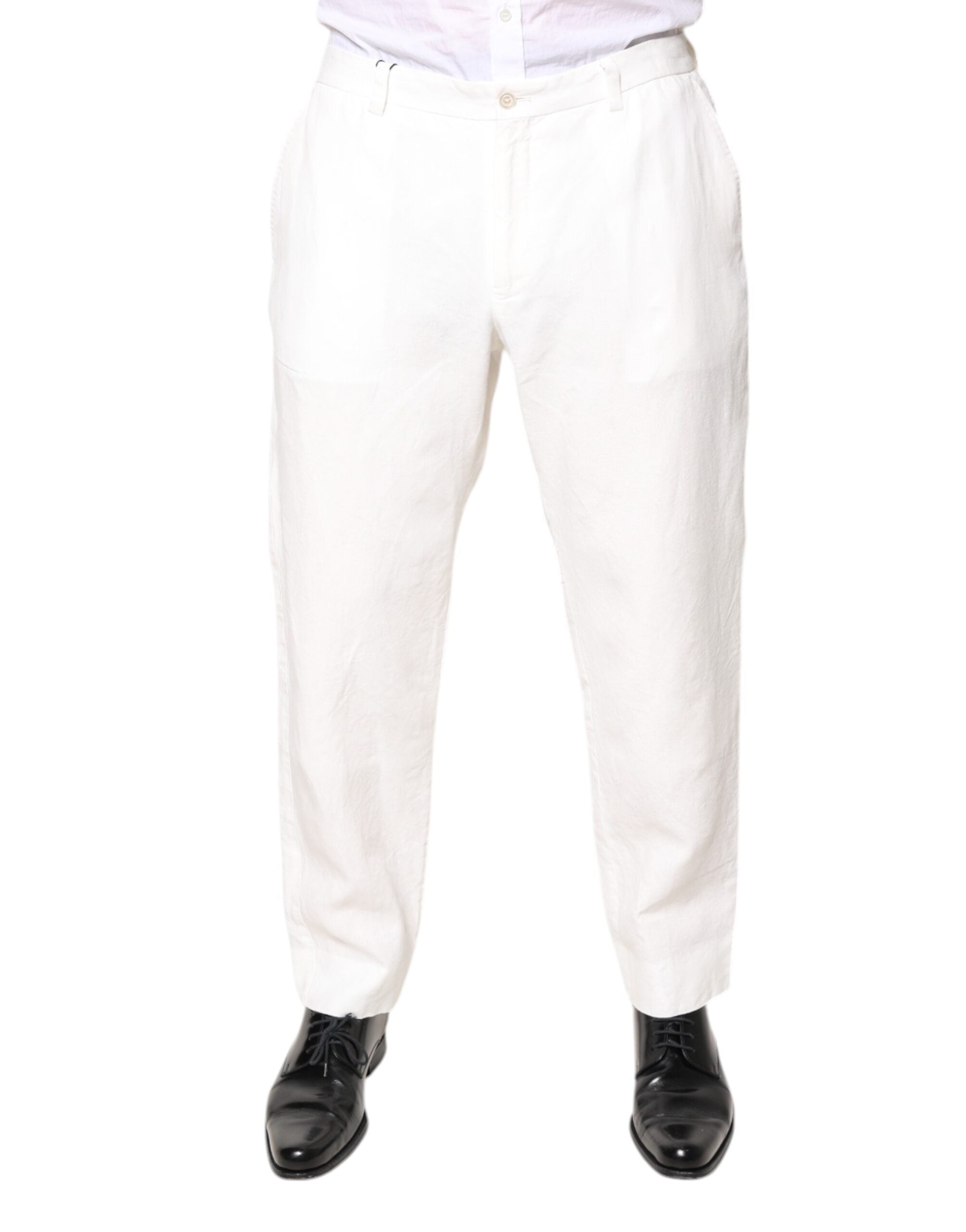 White Linen Mid Waist Men Dress Pants