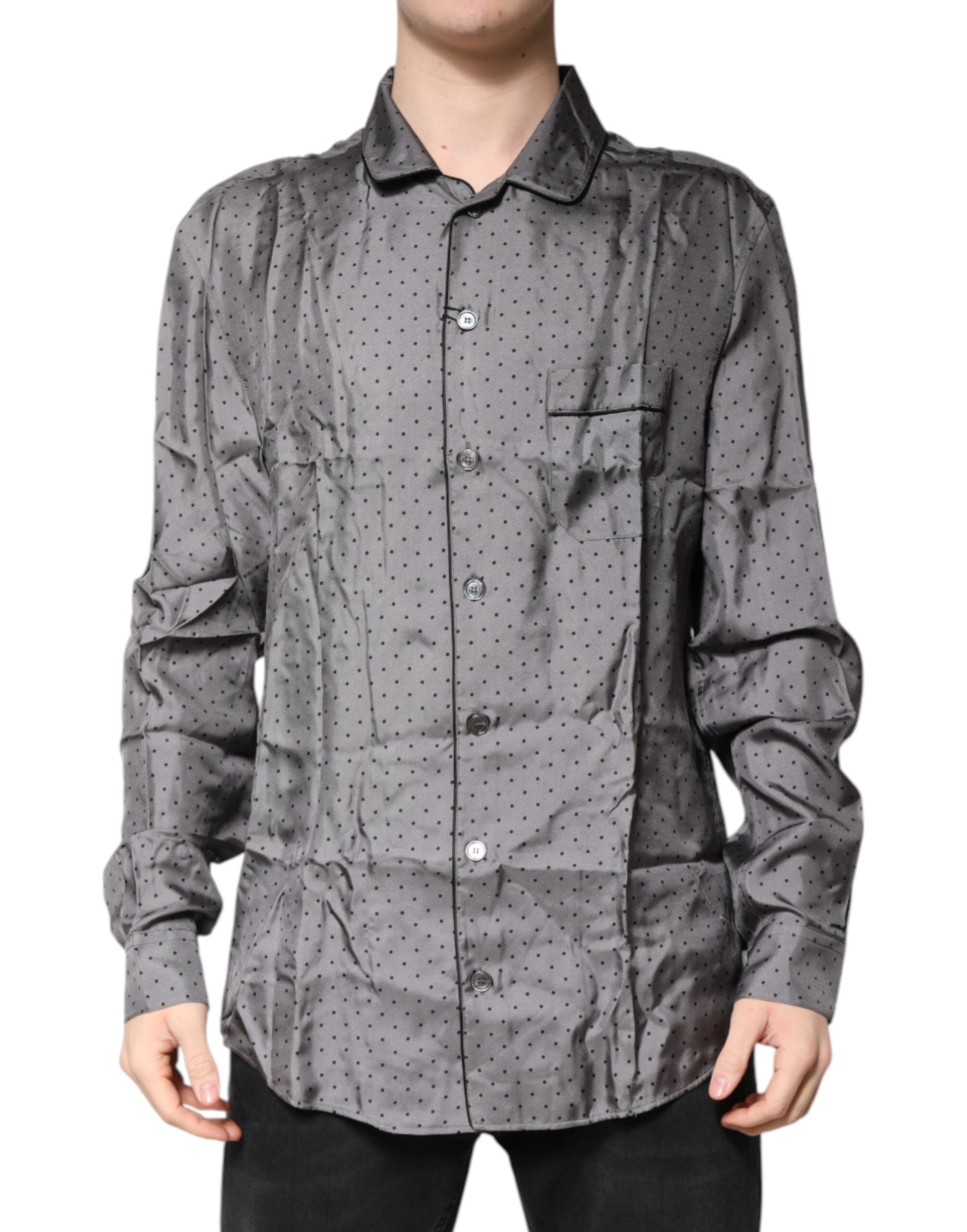 Gray Polka Dot Silk Long Sleeve Shirt