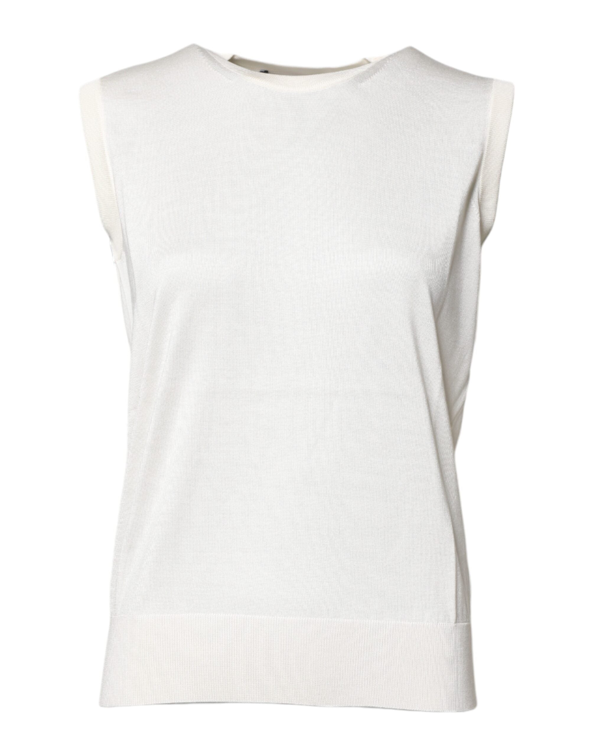 White Silk Round Neck Sleeveless Tank Top