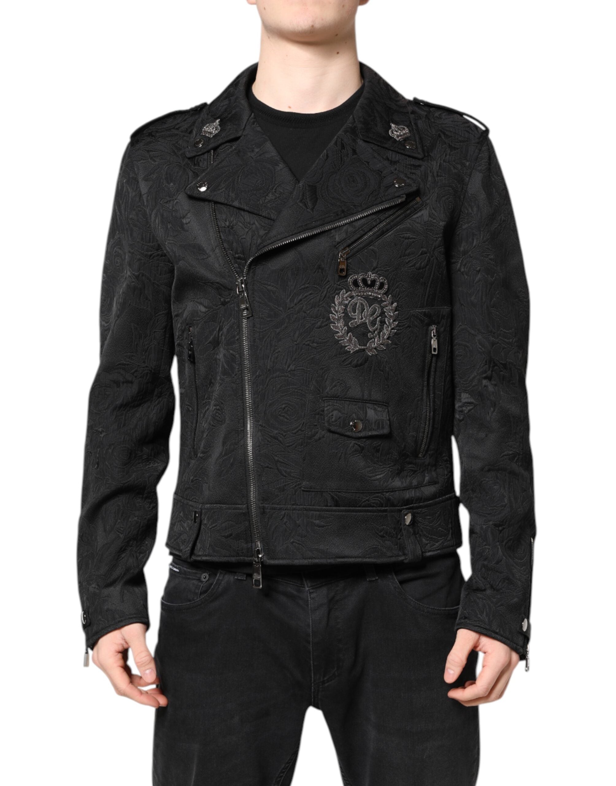 Black Brocade Cotton Full Zip Biker Jacket