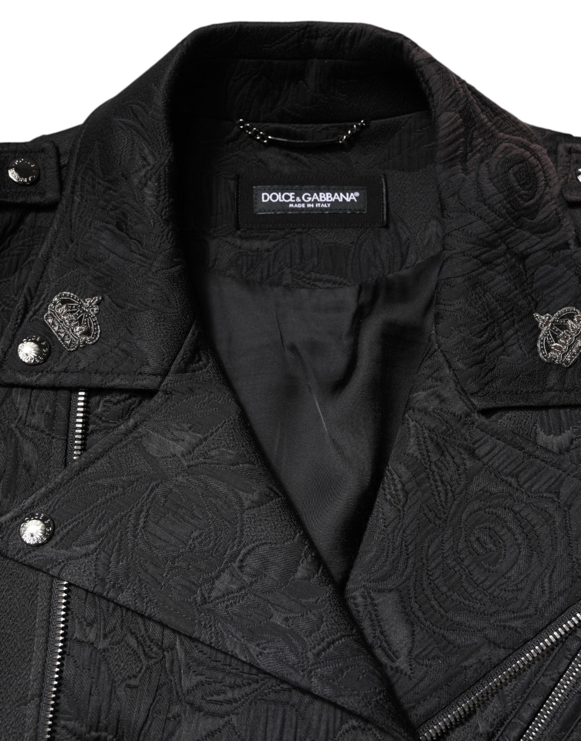 Black Brocade Cotton Full Zip Biker Jacket