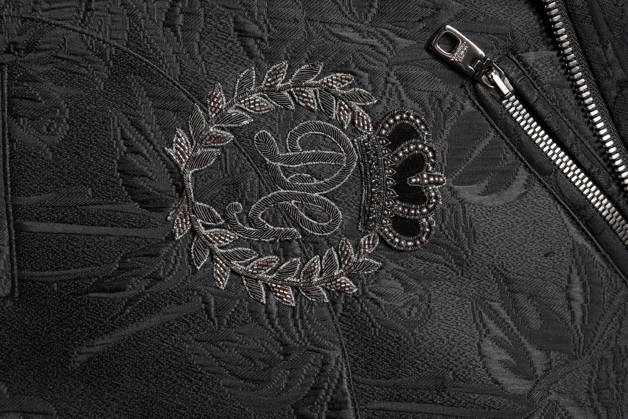 Black Brocade Cotton Full Zip Biker Jacket