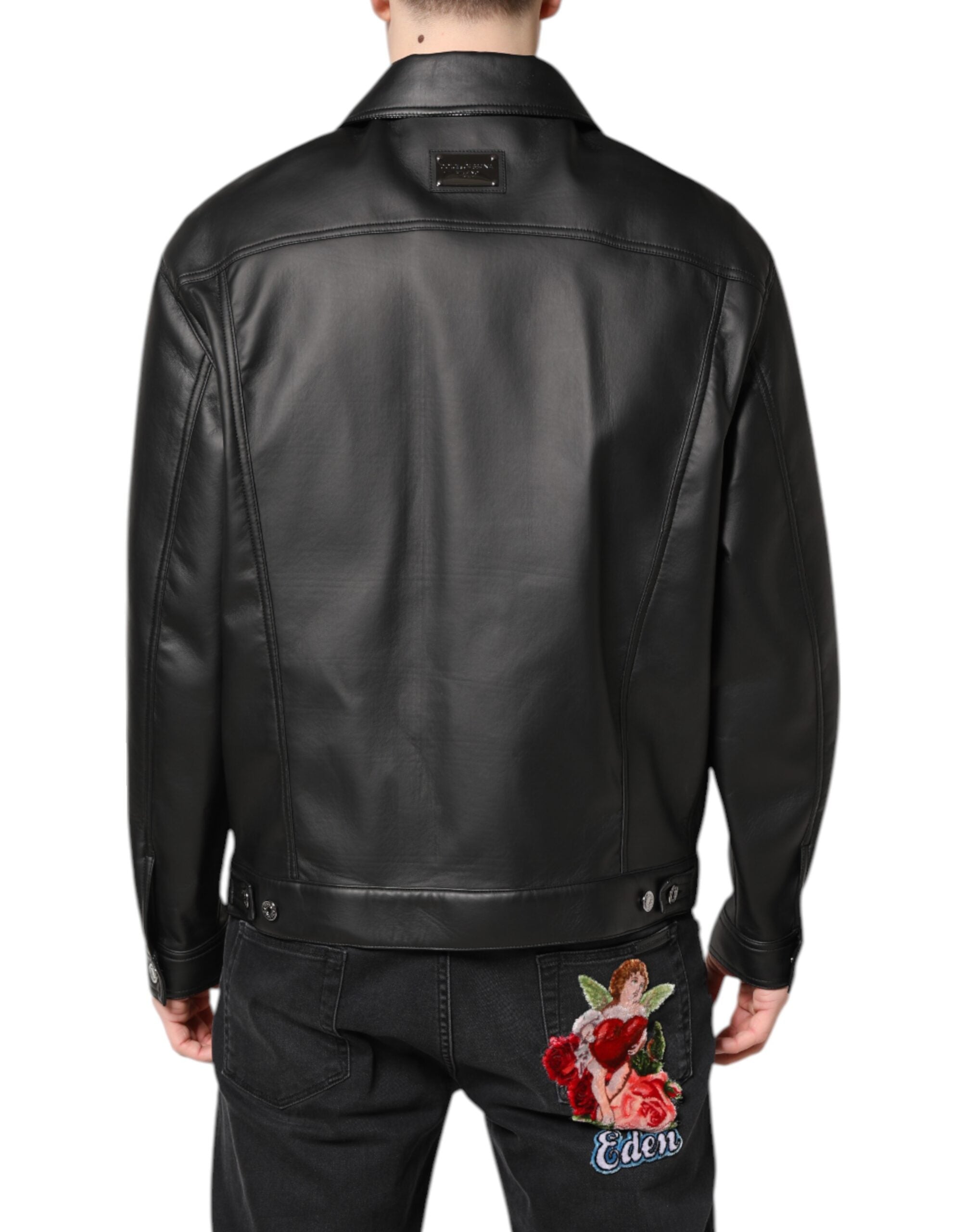 Black Polyester Button Down Biker Jacket