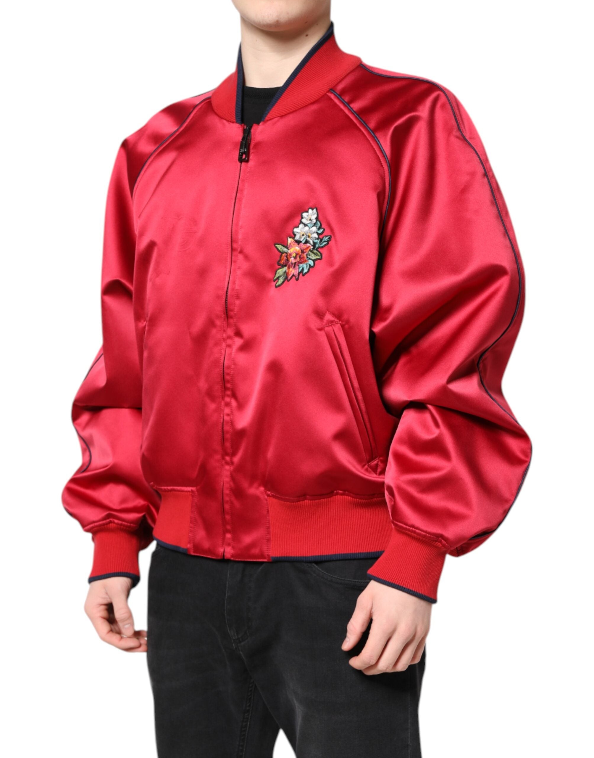 Red Floral Patch Full Zip Men Bomber Jacket