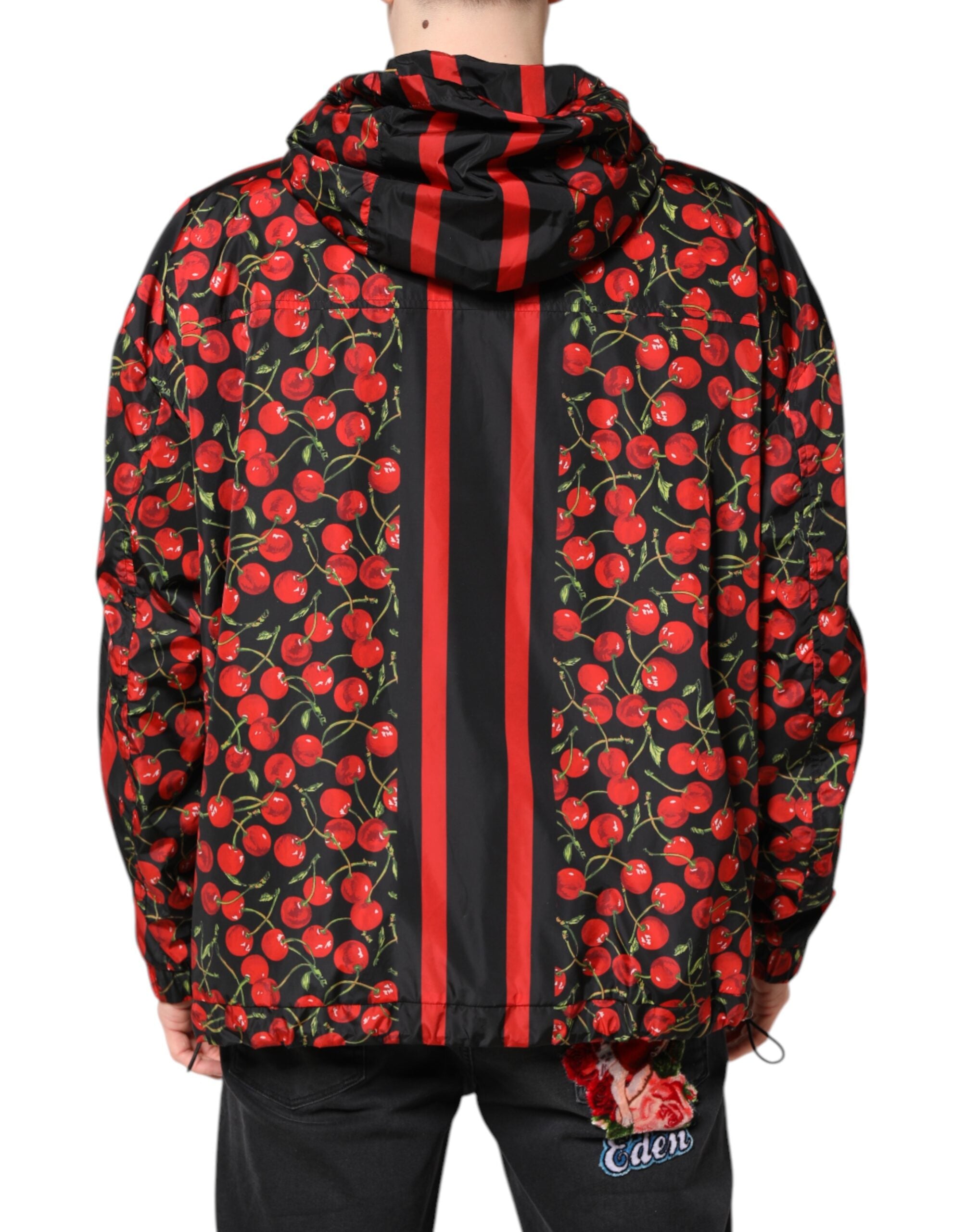 Black Cherry Print Hooded Windbreaker Jacket